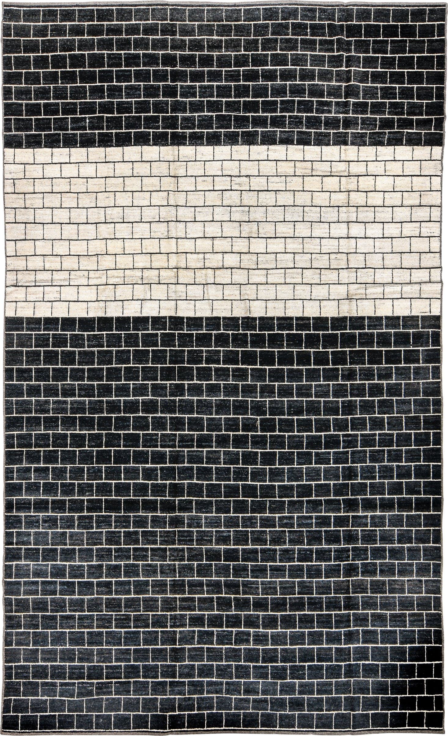 8' x 14' one-of-a-kind handmade vintage Tulu large size rug. Color palette: charcoal, ivory, cream, gray, black