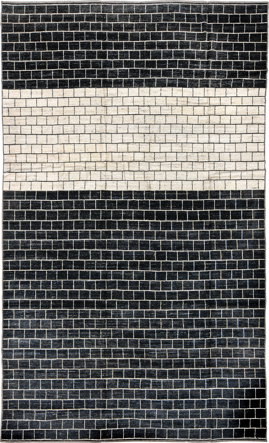 8' x 14' one-of-a-kind handmade vintage Tulu large size rug. Color palette: charcoal, ivory, cream, gray, black
