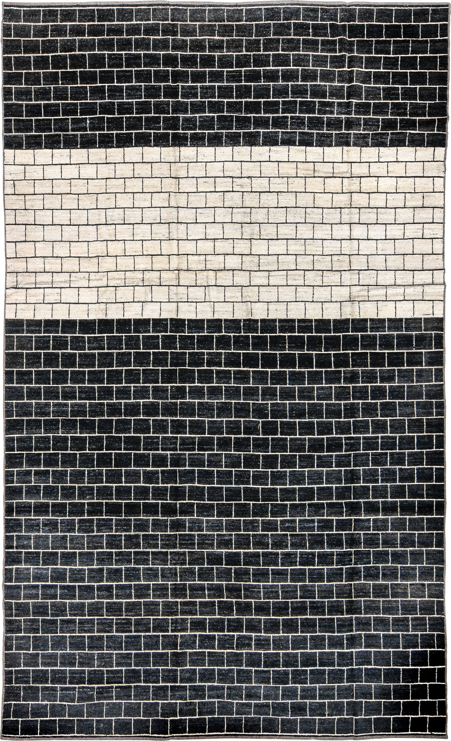 8' x 14' one-of-a-kind handmade vintage Tulu large size rug. Color palette: charcoal, ivory, cream, gray, black