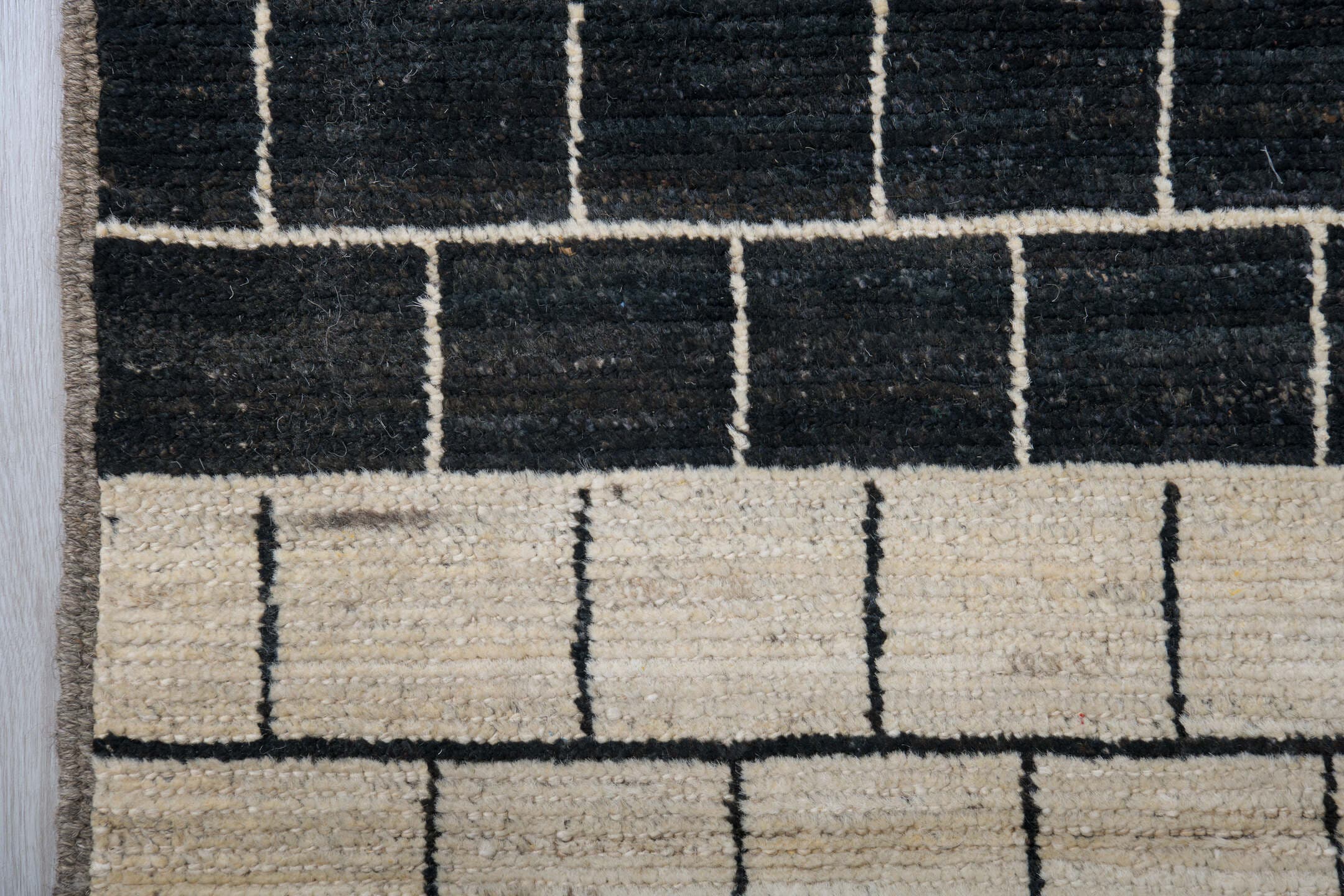 8' x 14' one-of-a-kind handmade vintage Tulu large size rug. Color palette: charcoal, ivory, cream, gray, black