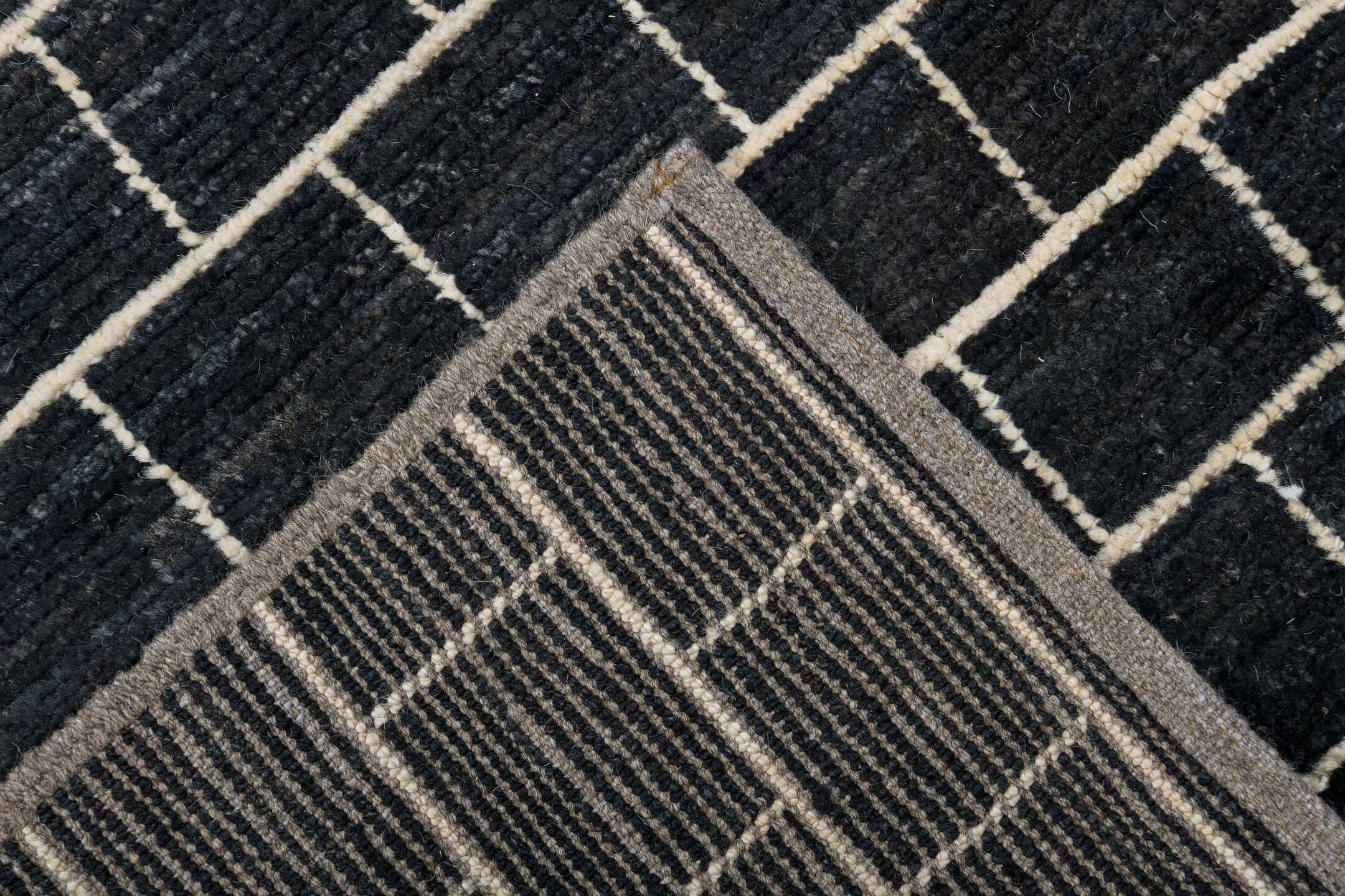 8' x 14' one-of-a-kind handmade vintage Tulu large size rug. Color palette: charcoal, ivory, cream, gray, black