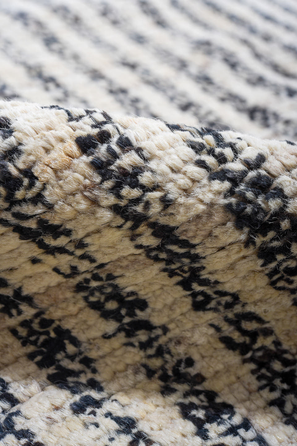9' x 12' one-of-a-kind handmade vintage Tulu large size rug. Color palette: ivory, charcoal, gray, black
