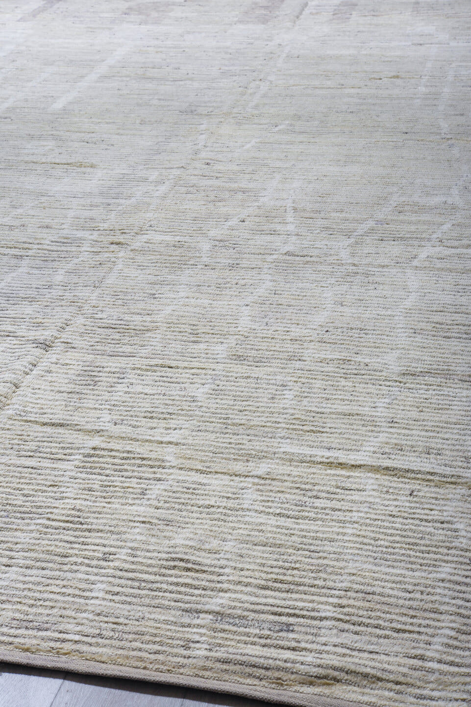 10' x 14' one-of-a-kind handmade vintage Tulu large size rug. Color palette: ivory, cream, taupe, light gray, pale lavender