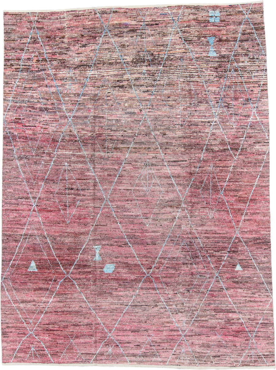 8' x 11' one-of-a-kind handmade vintage Tulu large size rug. Color palette: rose, dusty mauve, blush, taupe, sky blue, brown