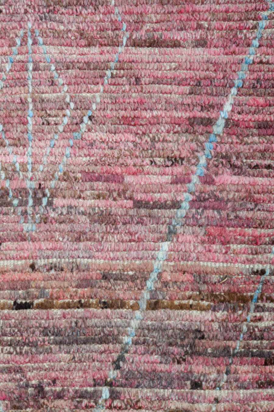 8' x 11' one-of-a-kind handmade vintage Tulu large size rug. Color palette: rose, dusty mauve, blush, taupe, sky blue, brown