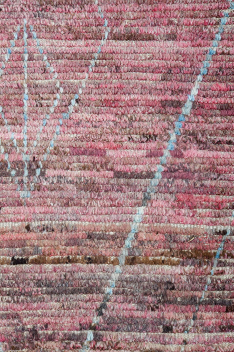 8' x 11' one-of-a-kind handmade vintage Tulu large size rug. Color palette: rose, dusty mauve, blush, taupe, sky blue, brown