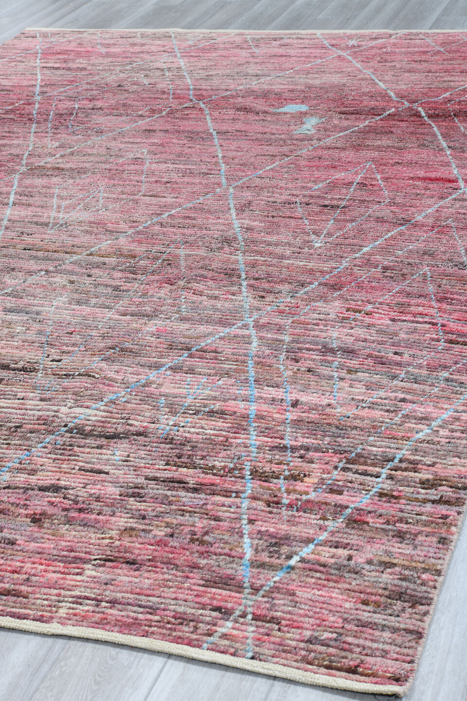 8' x 11' one-of-a-kind handmade vintage Tulu large size rug. Color palette: rose, dusty mauve, blush, taupe, sky blue, brown