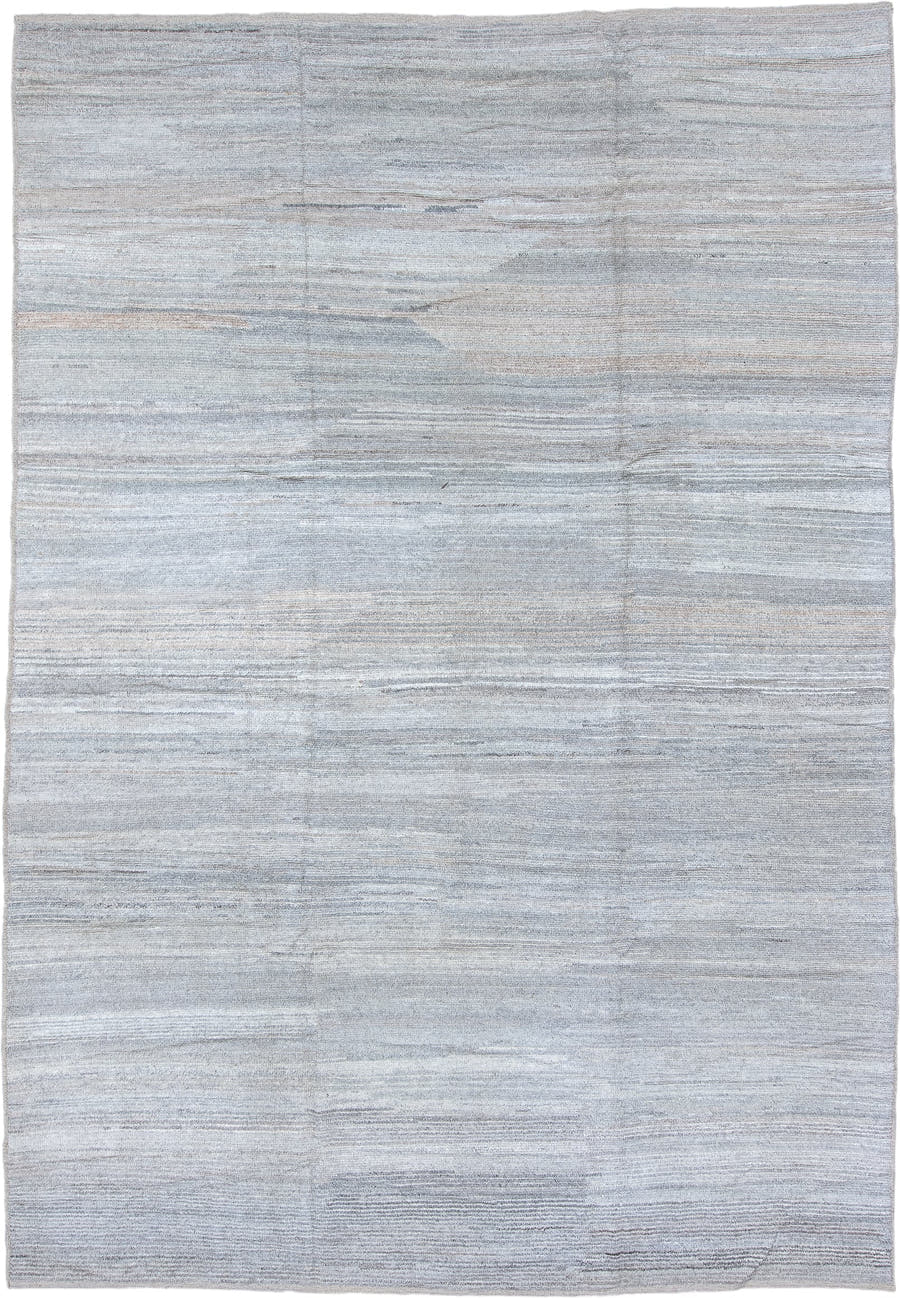 9' x 14' one-of-a-kind handmade vintage Tulu large size rug. Color palette: pale blue, ivory, light gray, taupe, light blue