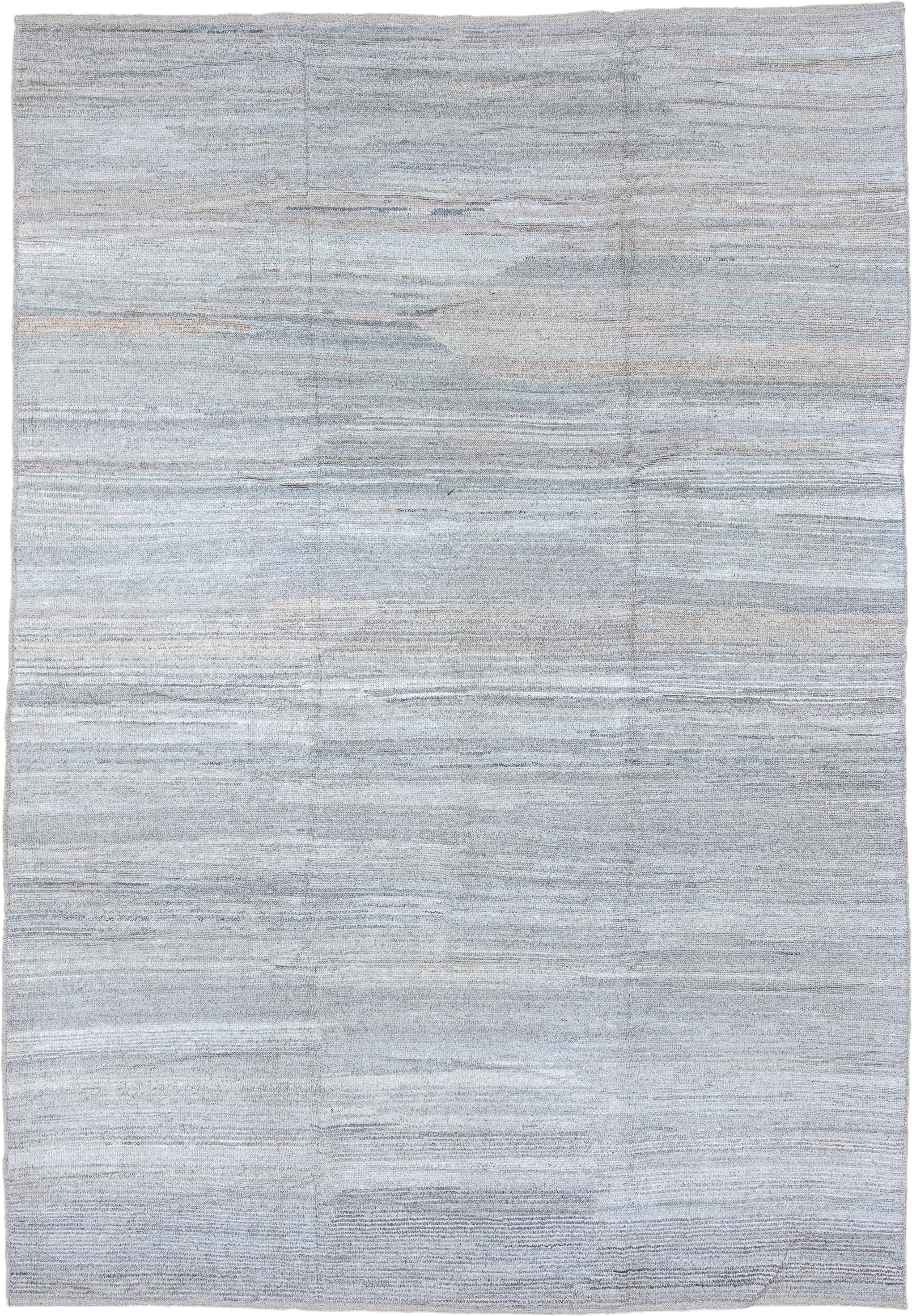 9' x 14' one-of-a-kind handmade vintage Tulu large size rug. Color palette: pale blue, ivory, light gray, taupe, light blue