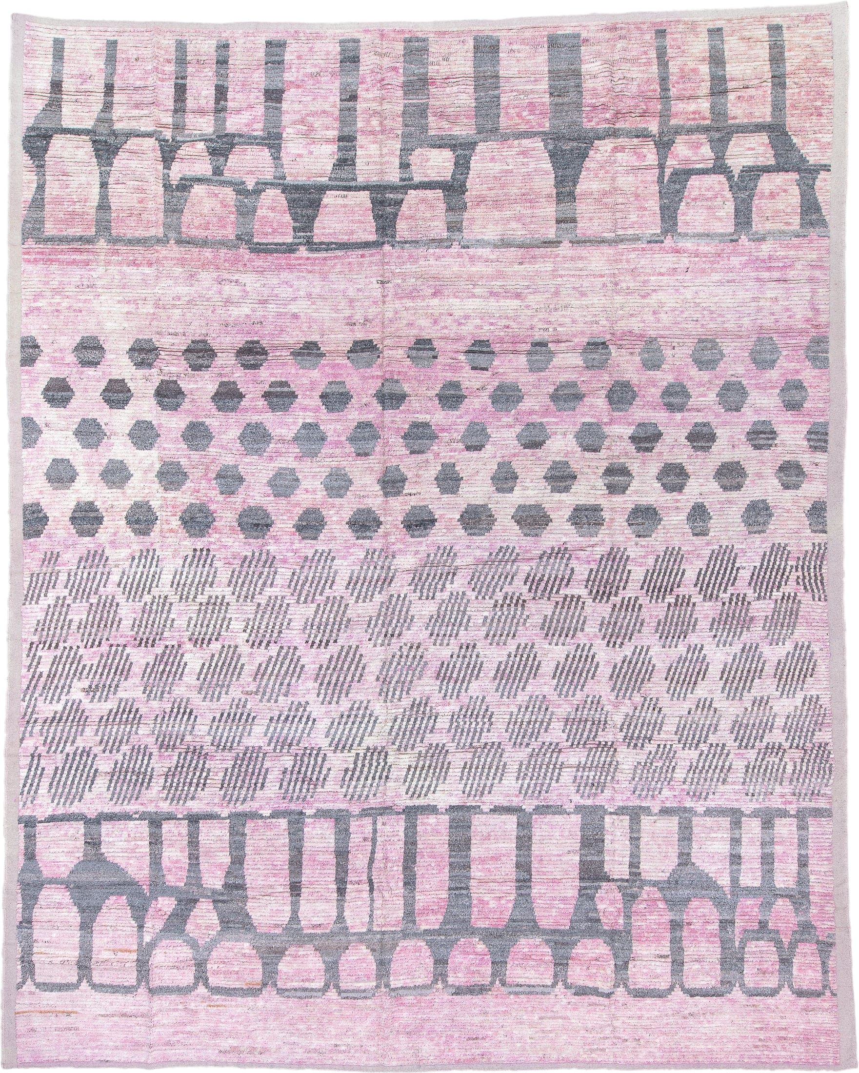 12' x 15' one-of-a-kind handmade vintage Tulu oversize rug. Color palette: pink, ivory, charcoal, gray, black