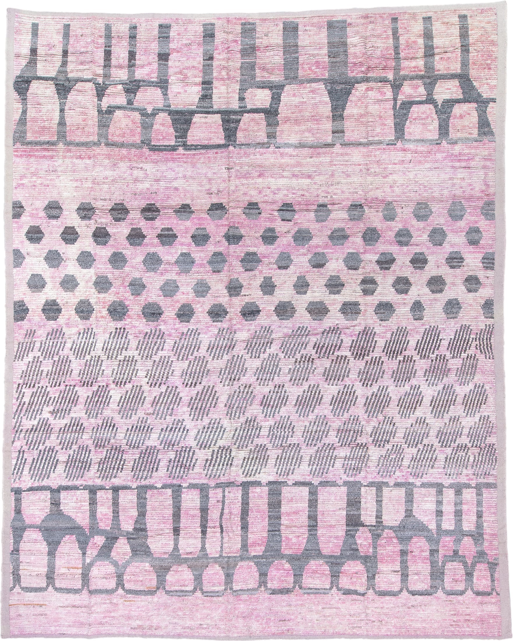 12' x 15' one-of-a-kind handmade vintage Tulu oversize rug. Color palette: pink, ivory, charcoal, gray, black