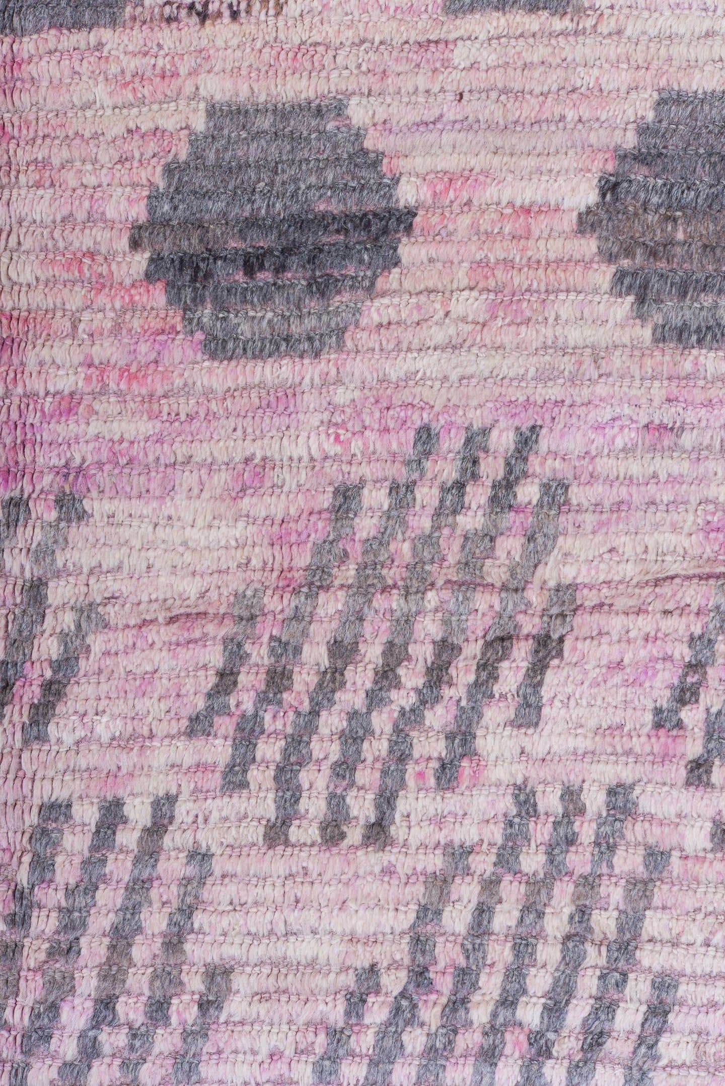 12' x 15' one-of-a-kind handmade vintage Tulu oversize rug. Color palette: pink, ivory, charcoal, gray, black