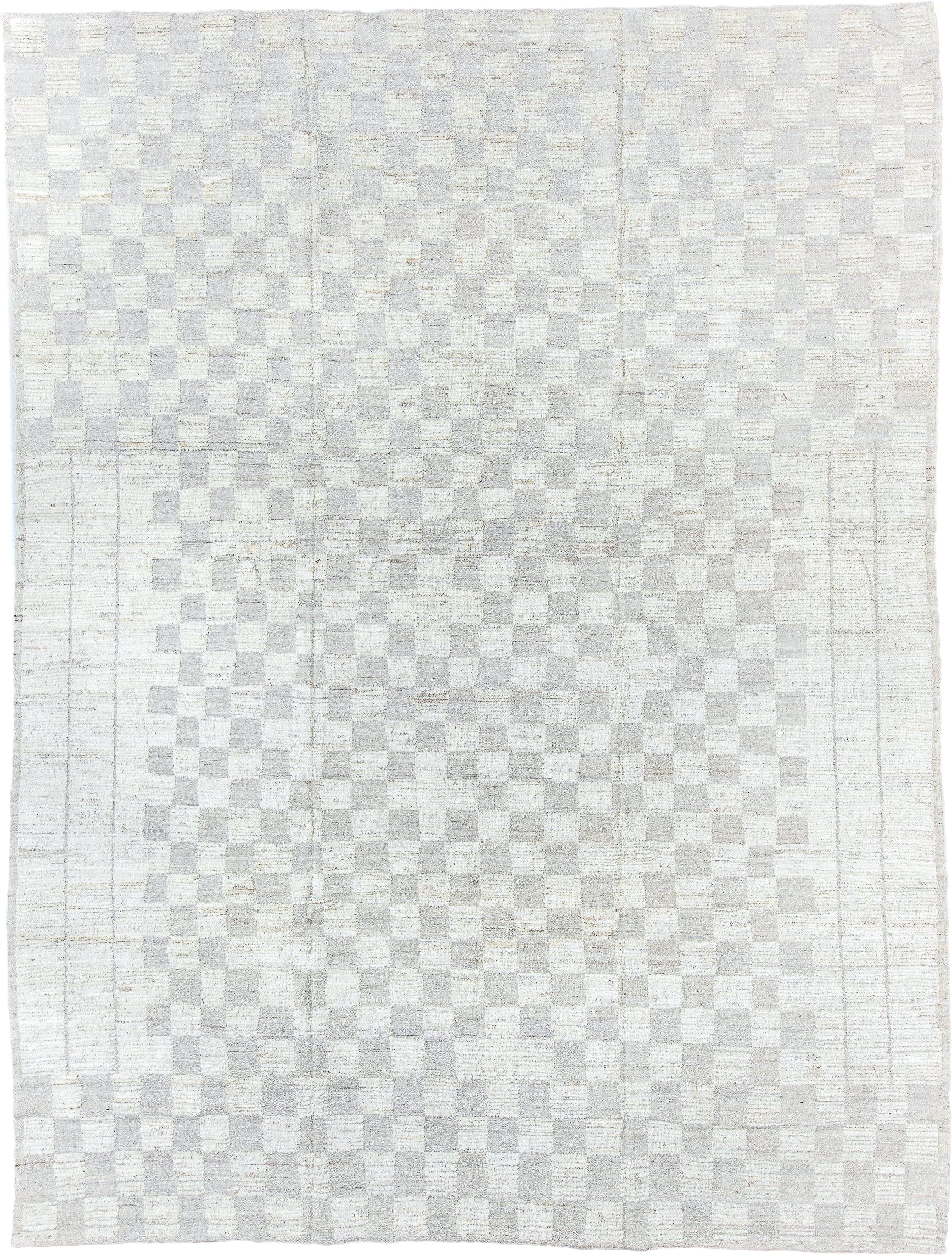 10' x 13' one-of-a-kind handmade vintage Tulu large size rug. Color palette: ivory, pale gray, cream, taupe, light gray