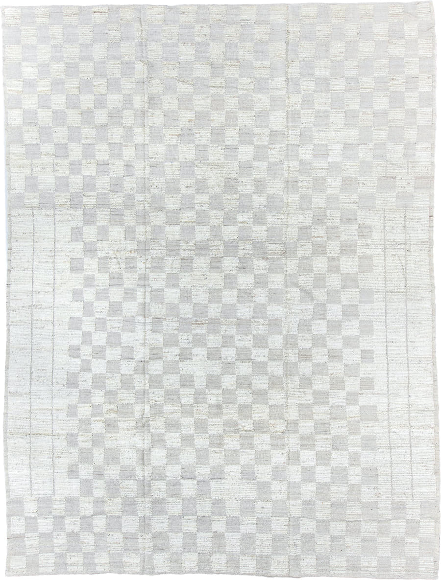 10' x 13' one-of-a-kind handmade vintage Tulu large size rug. Color palette: ivory, pale gray, cream, taupe, light gray