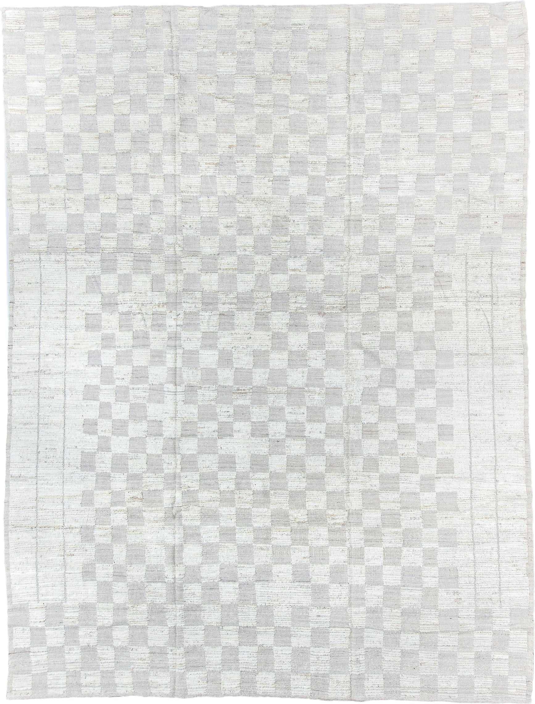 10' x 13' one-of-a-kind handmade vintage Tulu large size rug. Color palette: ivory, pale gray, cream, taupe, light gray