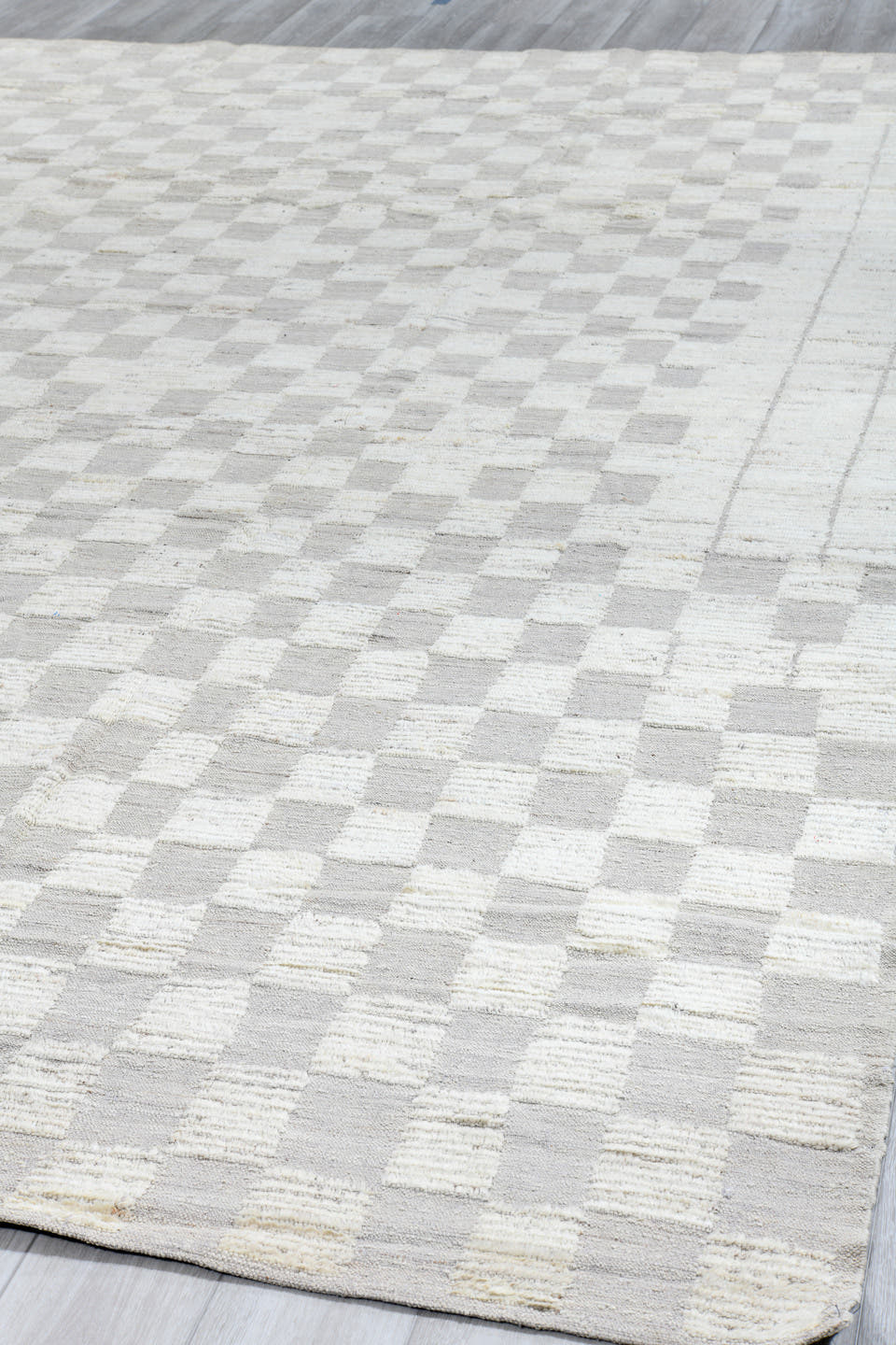 10' x 13' one-of-a-kind handmade vintage Tulu large size rug. Color palette: ivory, pale gray, cream, taupe, light gray