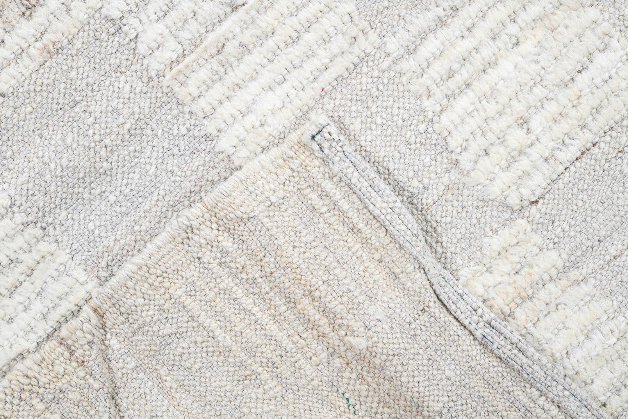 10' x 13' one-of-a-kind handmade vintage Tulu large size rug. Color palette: ivory, pale gray, cream, taupe, light gray