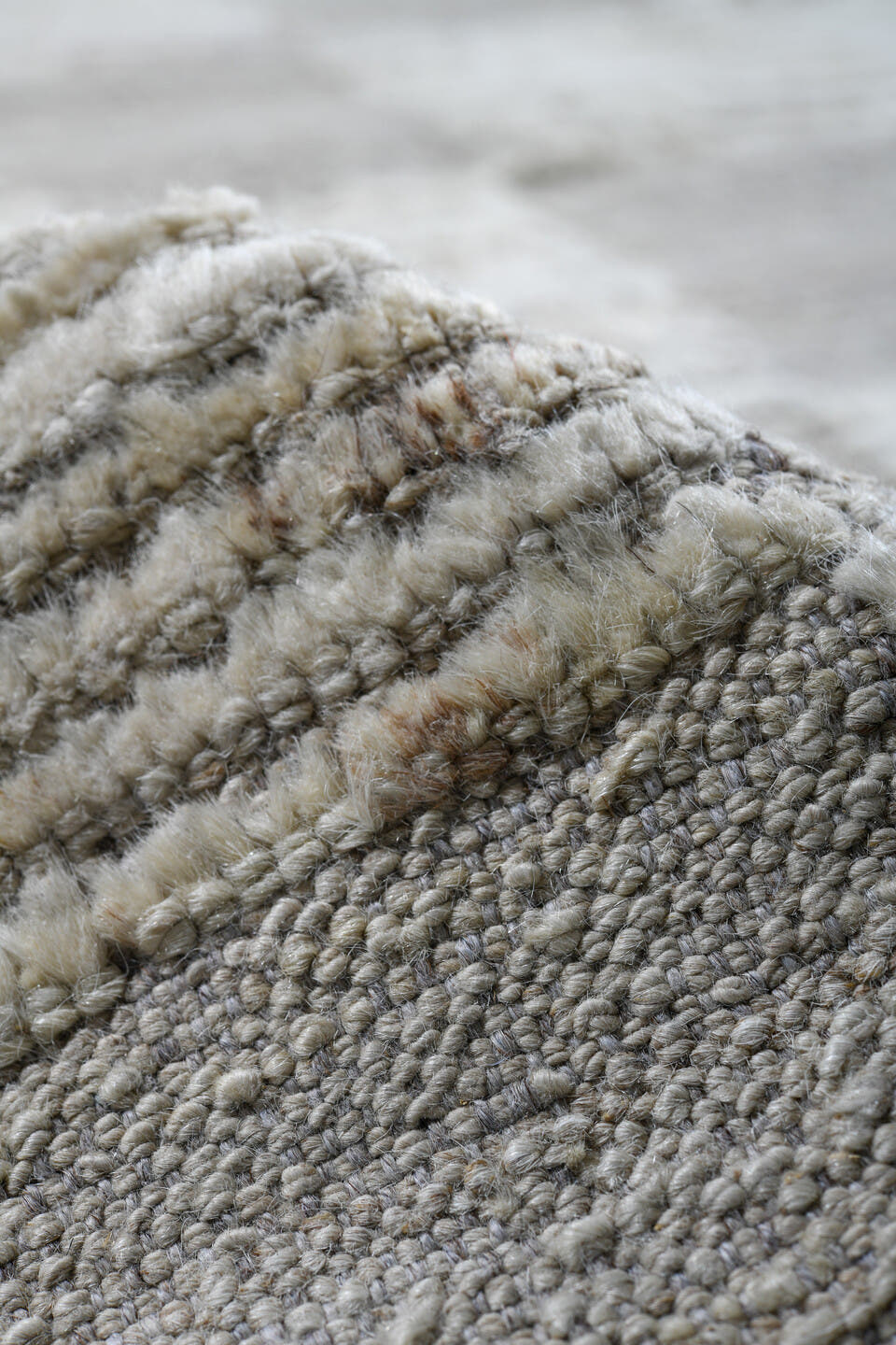 10' x 13' one-of-a-kind handmade vintage Tulu large size rug. Color palette: ivory, pale gray, cream, taupe, light gray