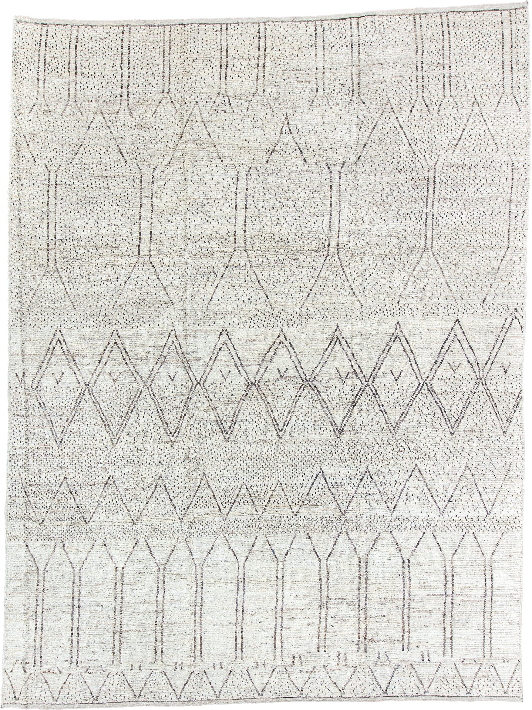 10' x 13' one-of-a-kind handmade vintage Tulu large size rug. Color palette: ivory, taupe, cream, gray, beige