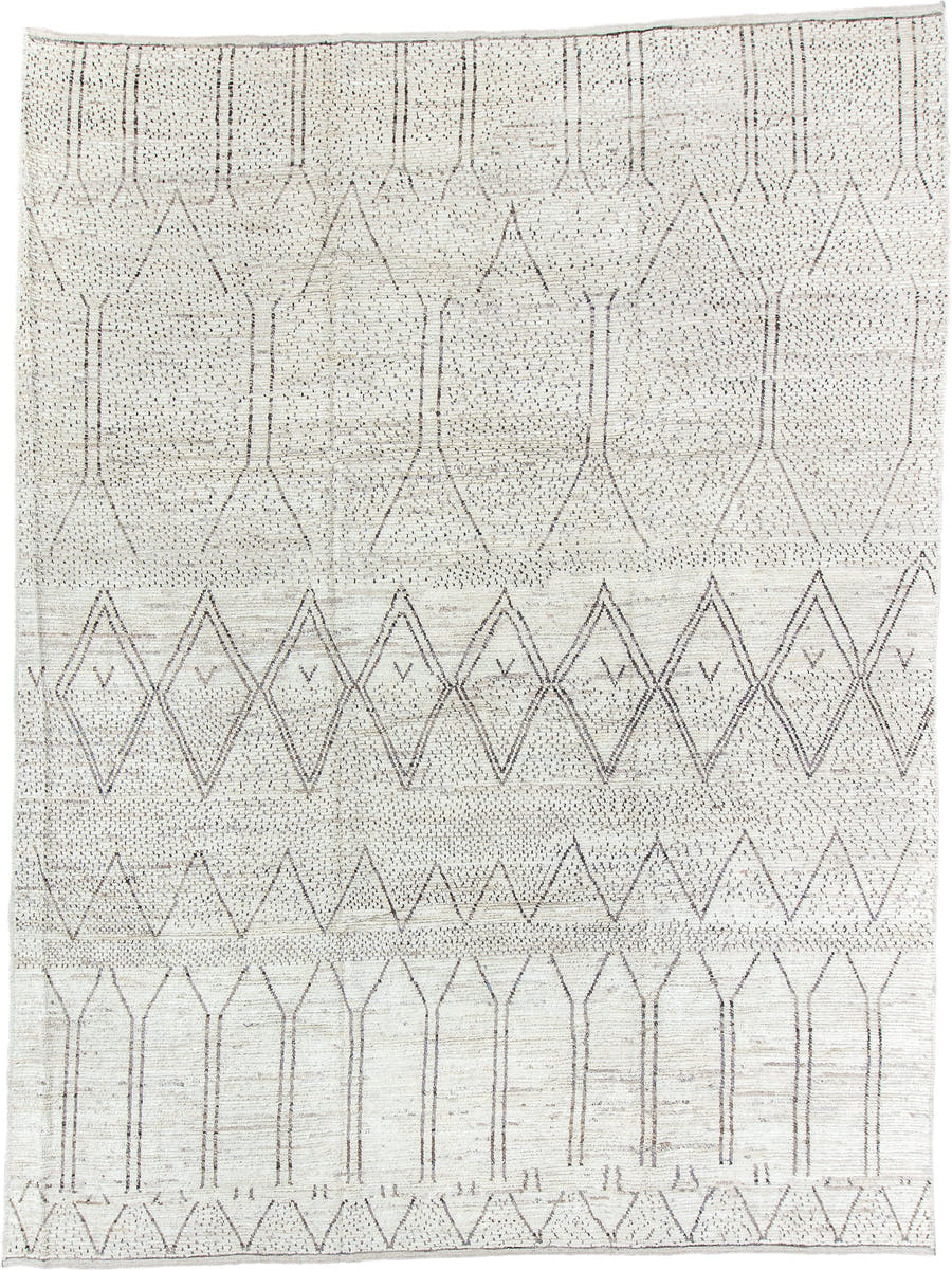 10' x 13' one-of-a-kind handmade vintage Tulu large size rug. Color palette: ivory, taupe, cream, gray, beige