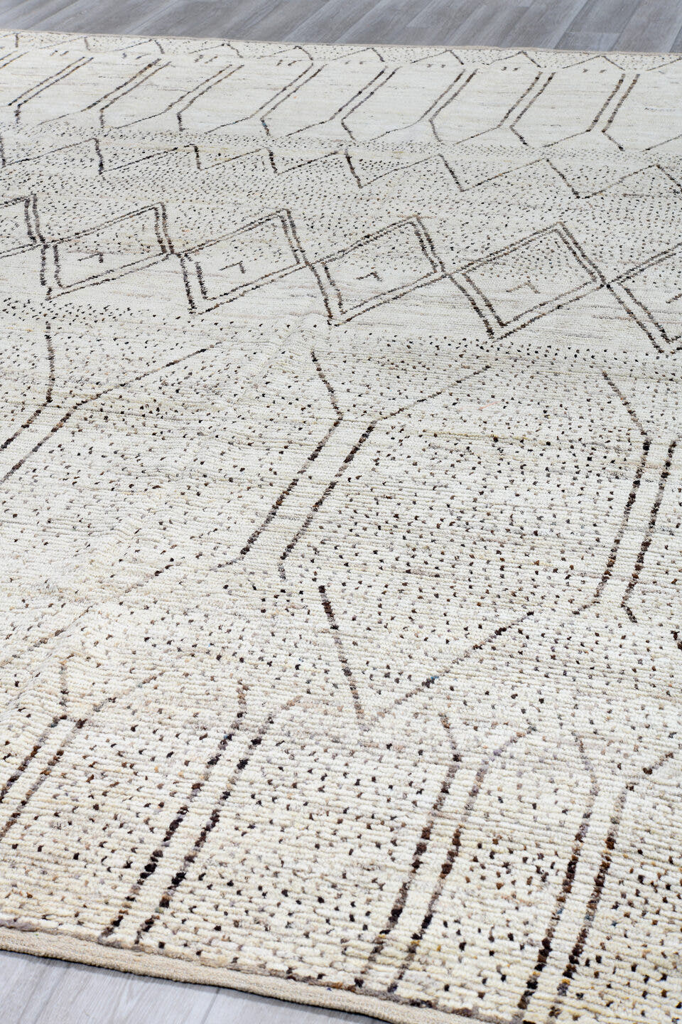 10' x 13' one-of-a-kind handmade vintage Tulu large size rug. Color palette: ivory, taupe, cream, gray, beige