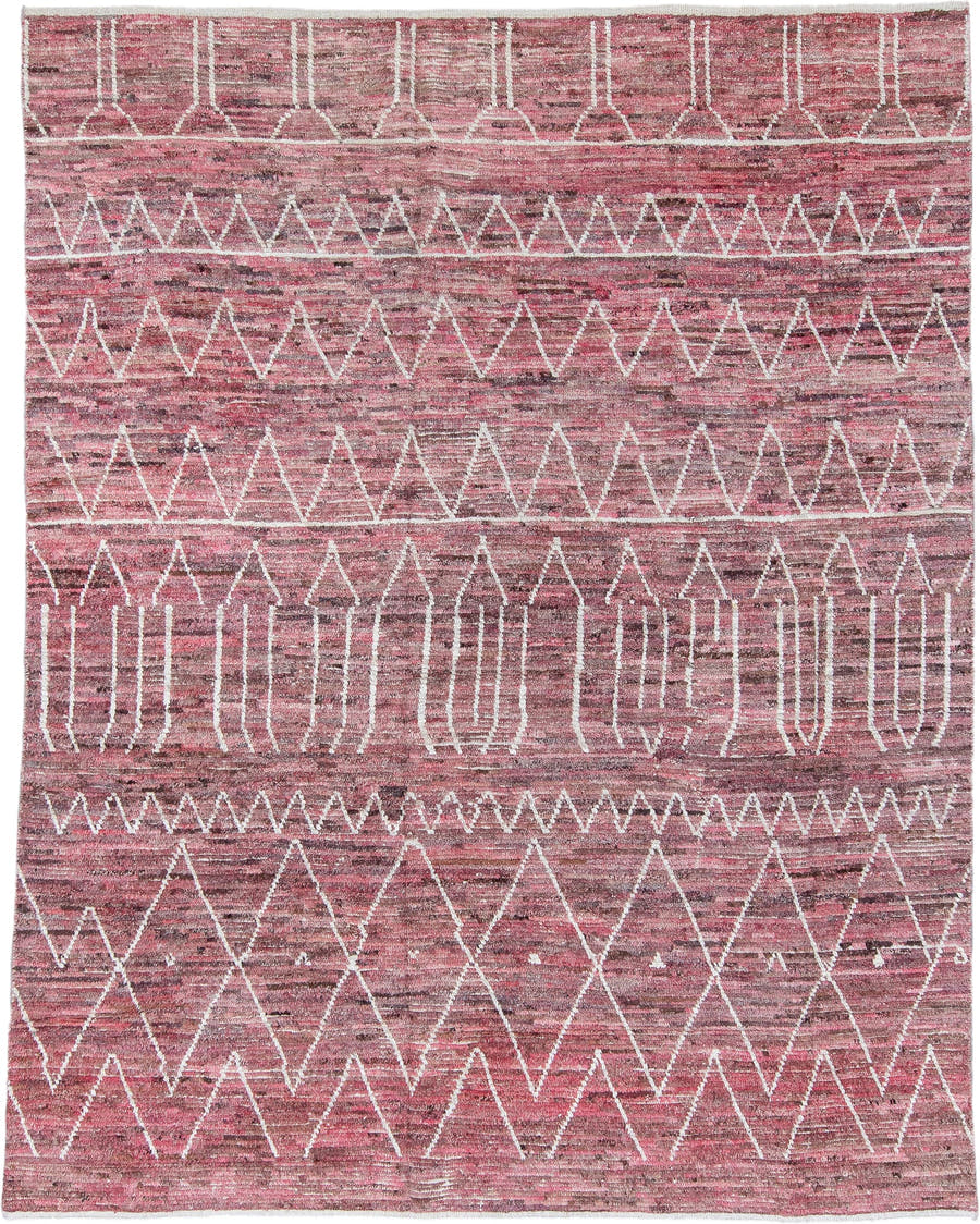 7' x 9' one-of-a-kind handmade vintage Tulu rug. Color palette: rose, mauve, ivory, dusty pink, taupe, brown, pink, red