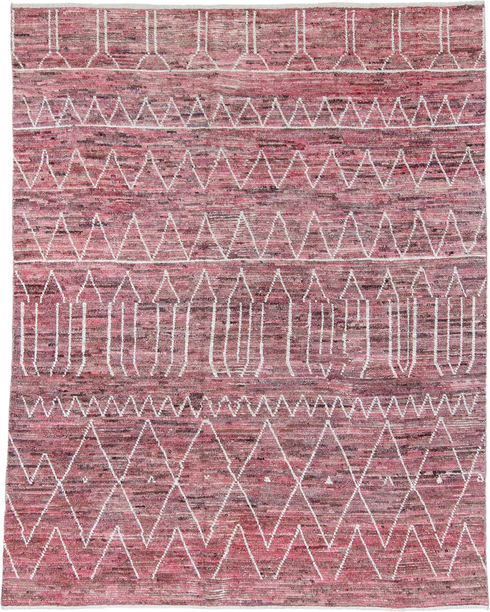 7' x 9' one-of-a-kind handmade vintage Tulu rug. Color palette: rose, mauve, ivory, dusty pink, taupe, brown, pink, red