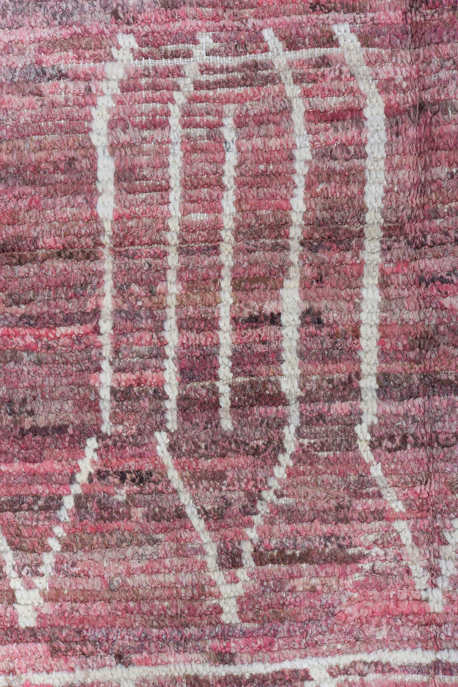 7' x 9' one-of-a-kind handmade vintage Tulu rug. Color palette: rose, mauve, ivory, dusty pink, taupe, brown, pink, red
