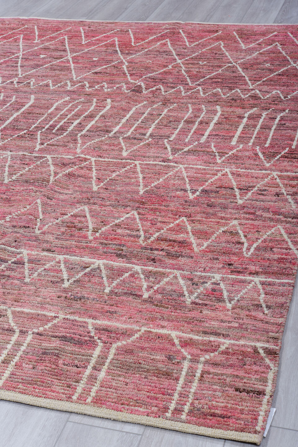 7' x 9' one-of-a-kind handmade vintage Tulu rug. Color palette: rose, mauve, ivory, dusty pink, taupe, brown, pink, red