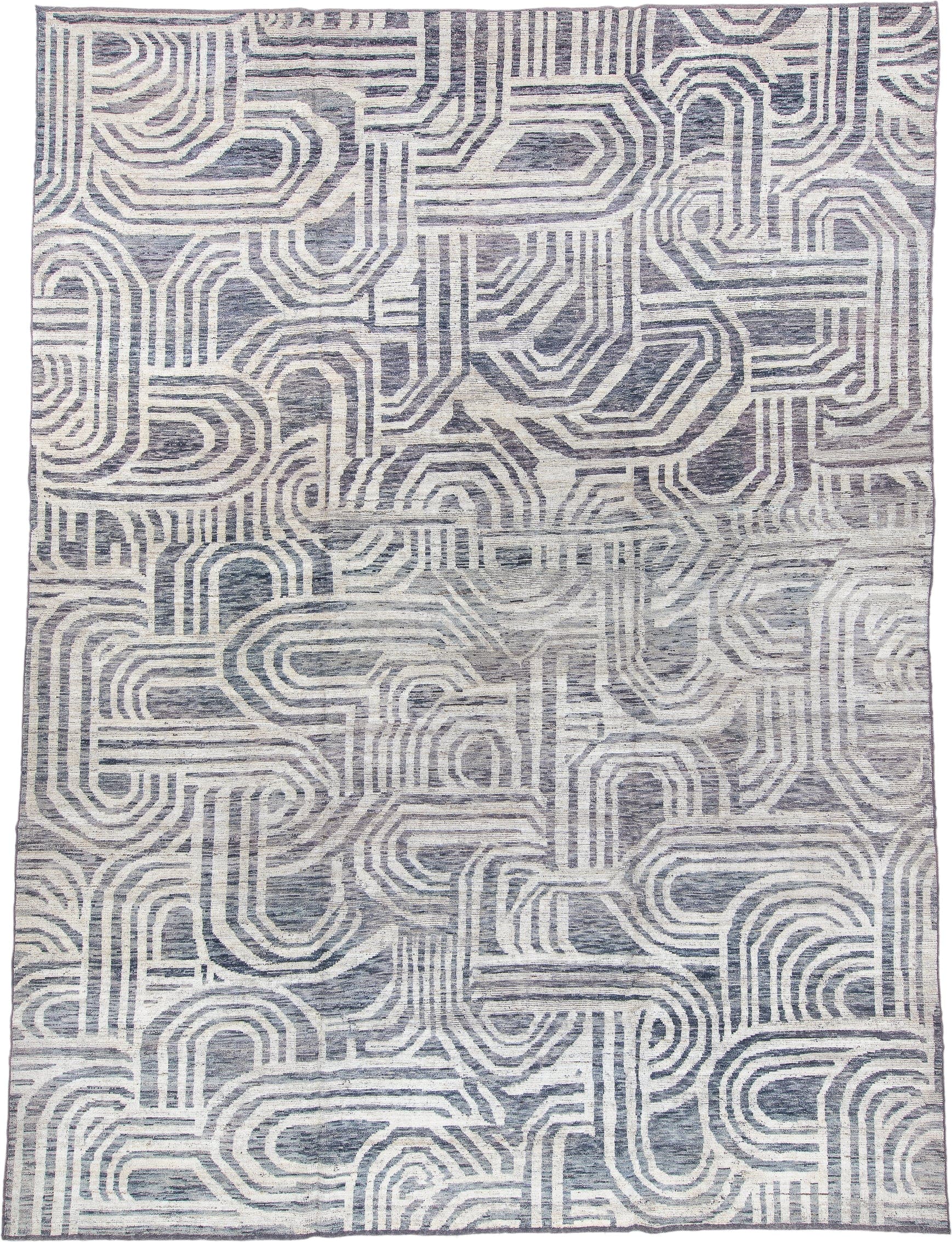 10' x 14' one-of-a-kind handmade vintage Tulu large size rug. Color palette: ivory, slate, blue_gray, taupe, gray, blue