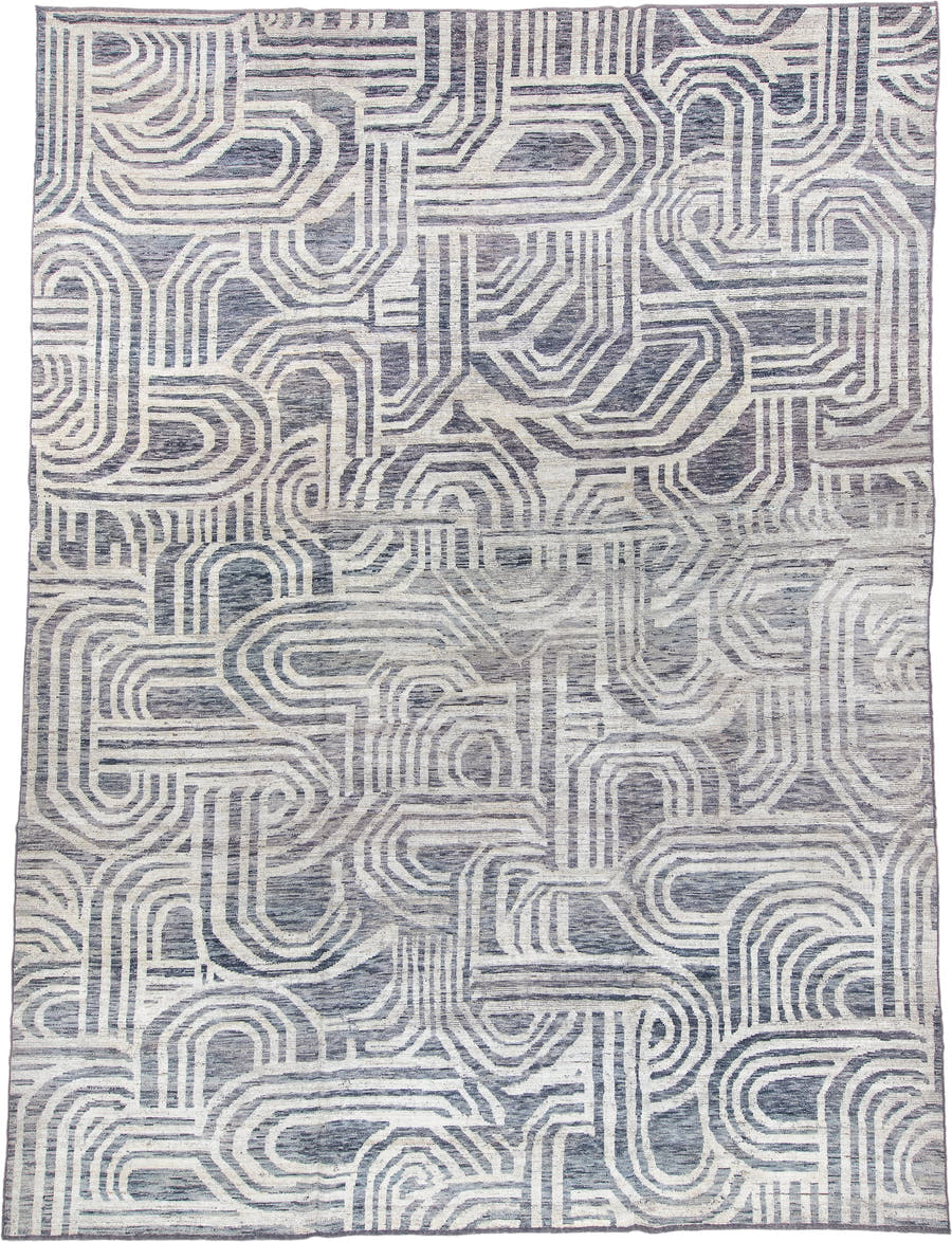10' x 14' one-of-a-kind handmade vintage Tulu large size rug. Color palette: ivory, slate, blue_gray, taupe, gray, blue
