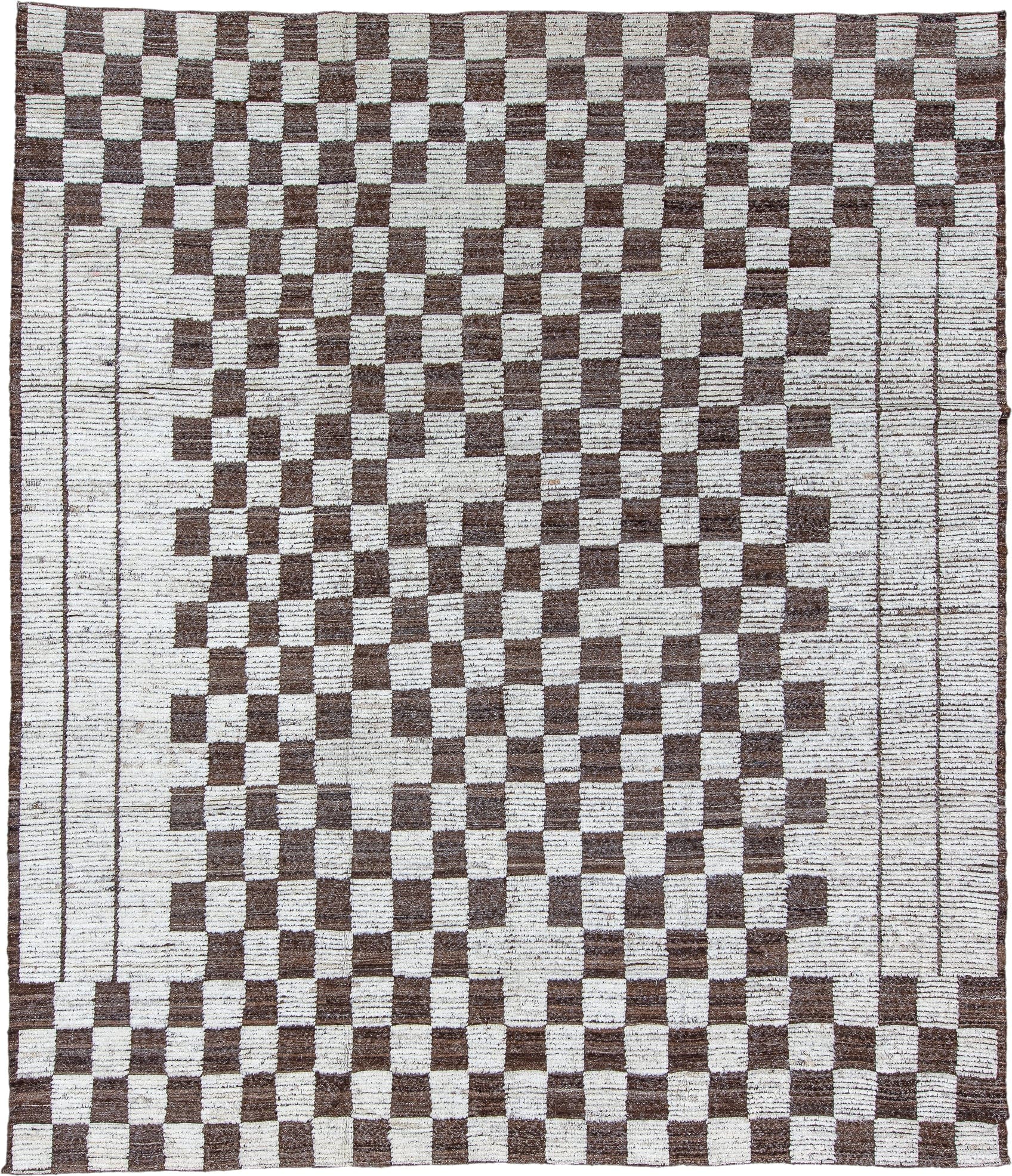 10' x 11' one-of-a-kind handmade vintage Tulu large size rug. Color palette: ivory, brown, taupe, beige, gray
