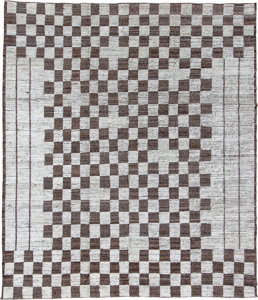 10' x 11' one-of-a-kind handmade vintage Tulu large size rug. Color palette: ivory, brown, taupe, beige, gray