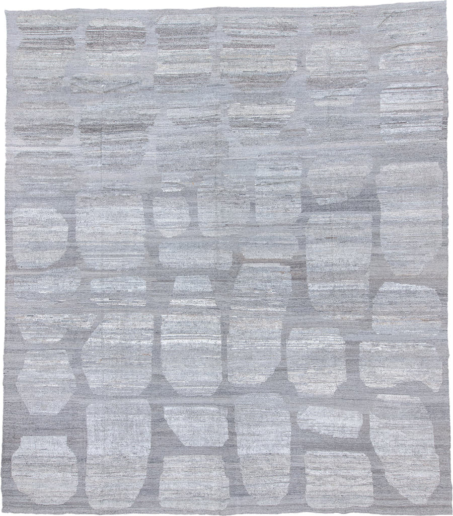 13' x 15' one-of-a-kind handmade vintage Tulu oversize rug. Color palette: silver, ivory, light gray, pewter, gray