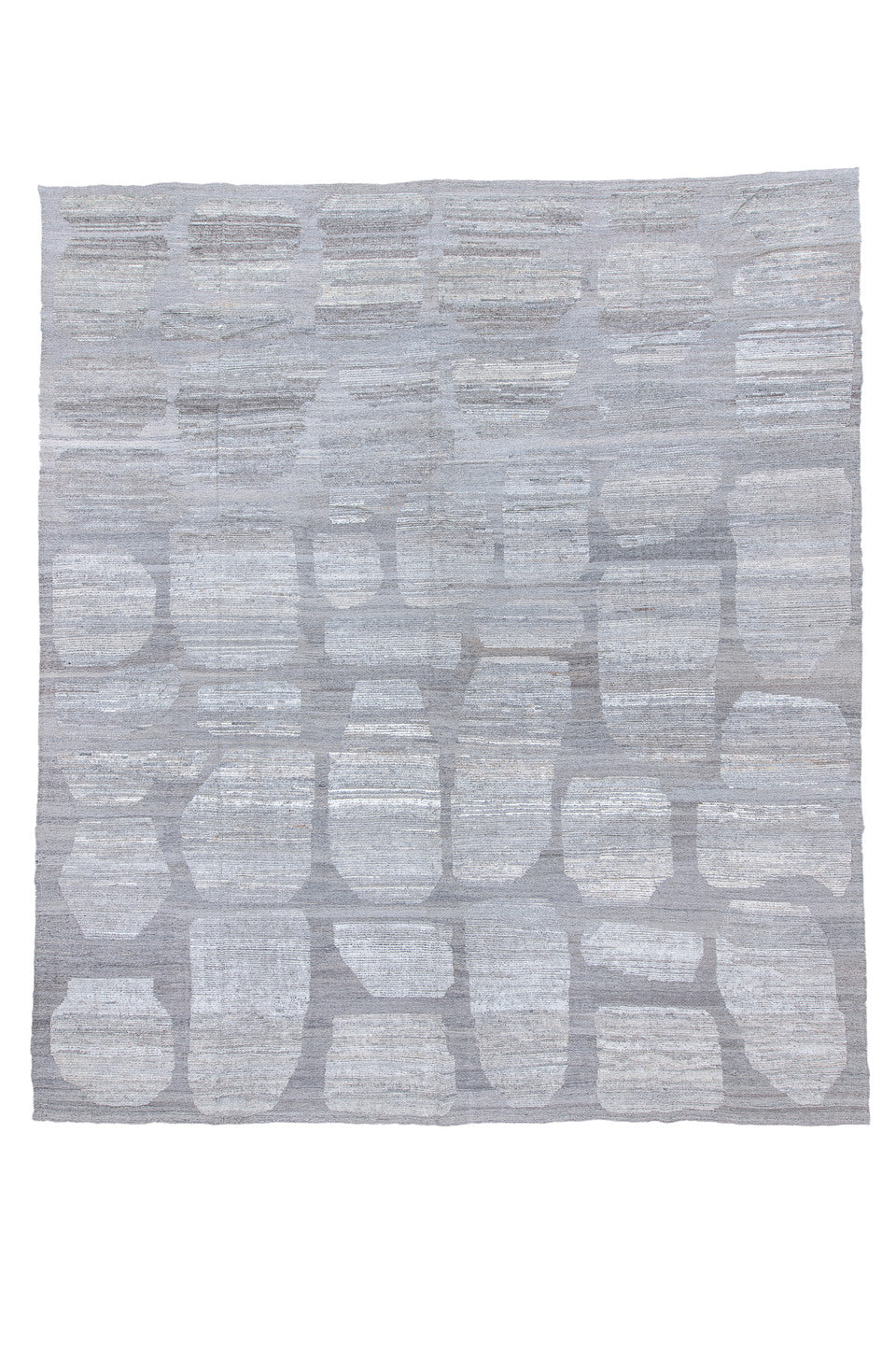 13' x 15' one-of-a-kind handmade vintage Tulu oversize rug. Color palette: black, blue, dark gray, gray, light blue