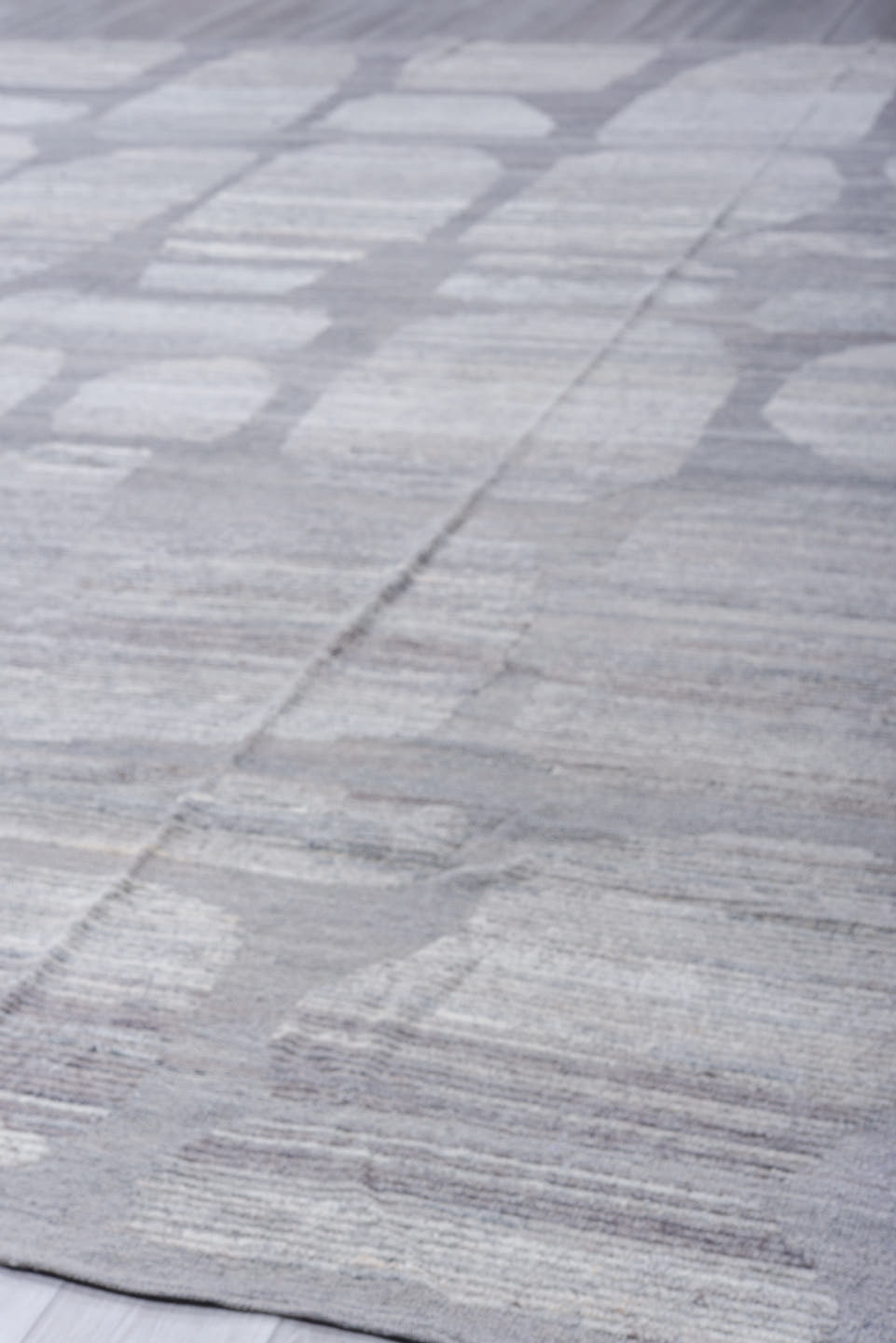 13' x 15' one-of-a-kind handmade vintage Tulu oversize rug. Color palette: silver, ivory, light gray, pewter, gray