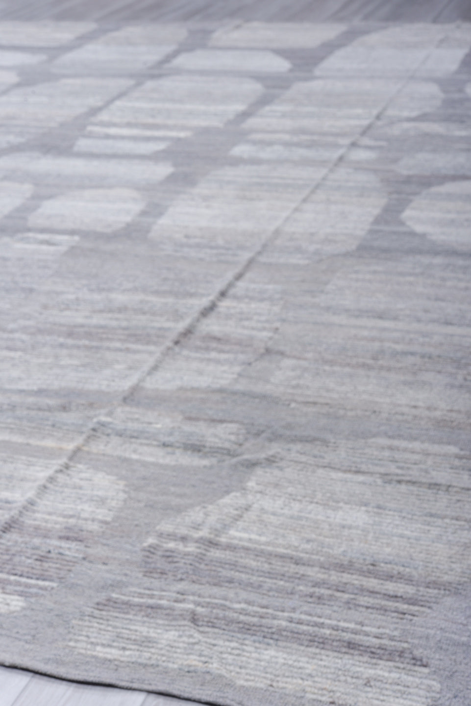 13' x 15' one-of-a-kind handmade vintage Tulu oversize rug. Color palette: silver, ivory, light gray, pewter, gray