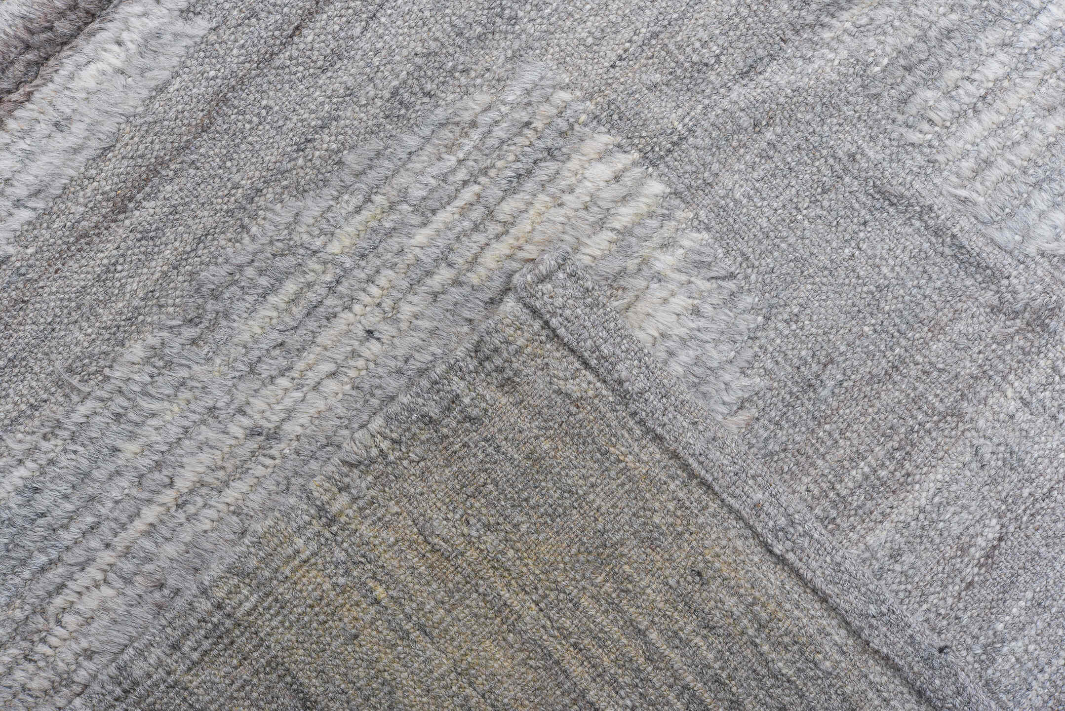 13' x 15' one-of-a-kind handmade vintage Tulu oversize rug. Color palette: silver, ivory, light gray, pewter, gray