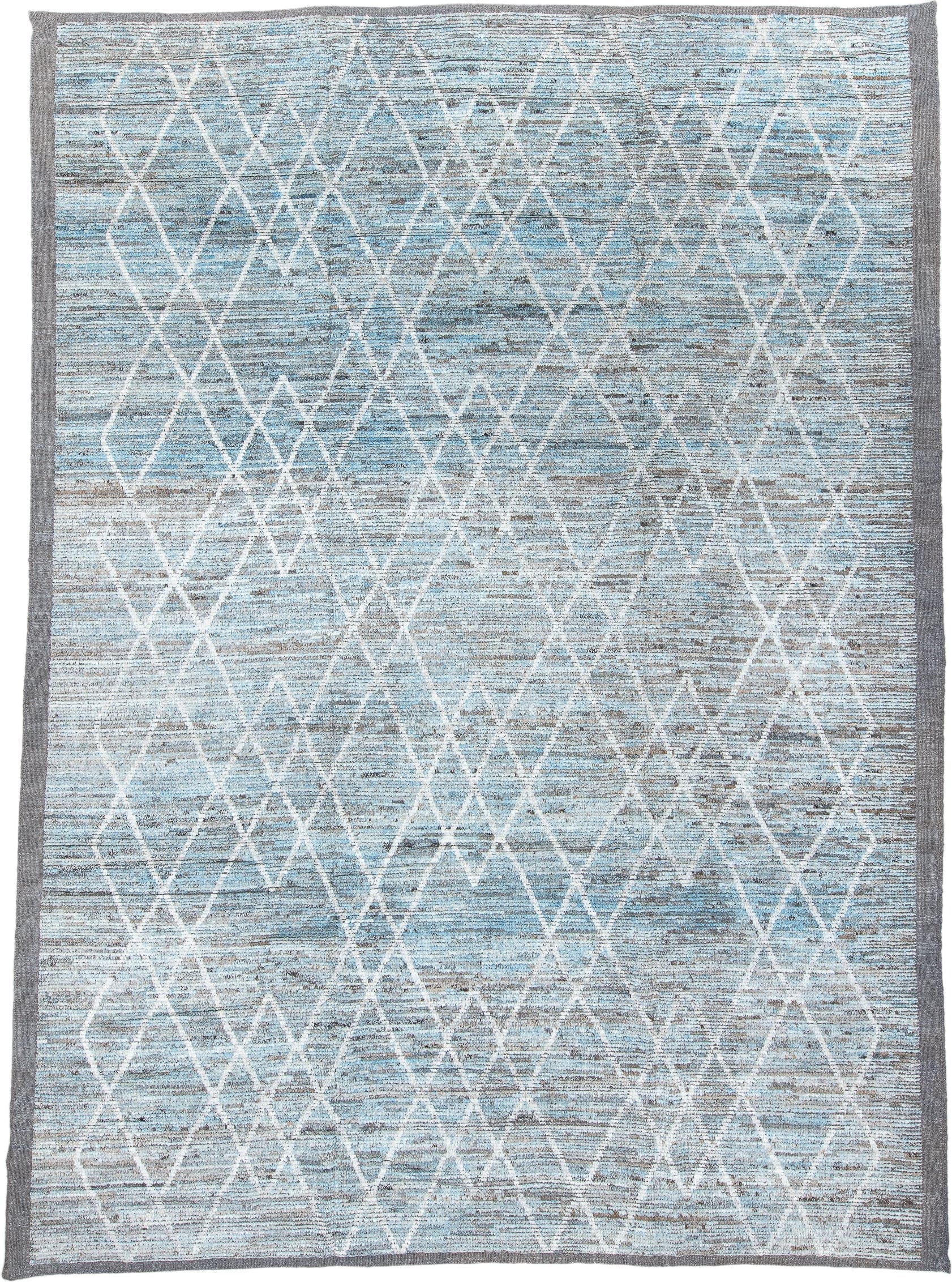 10' x 14' one-of-a-kind handmade vintage Tulu large size rug. Color palette: light blue, ivory, gray, taupe, beige