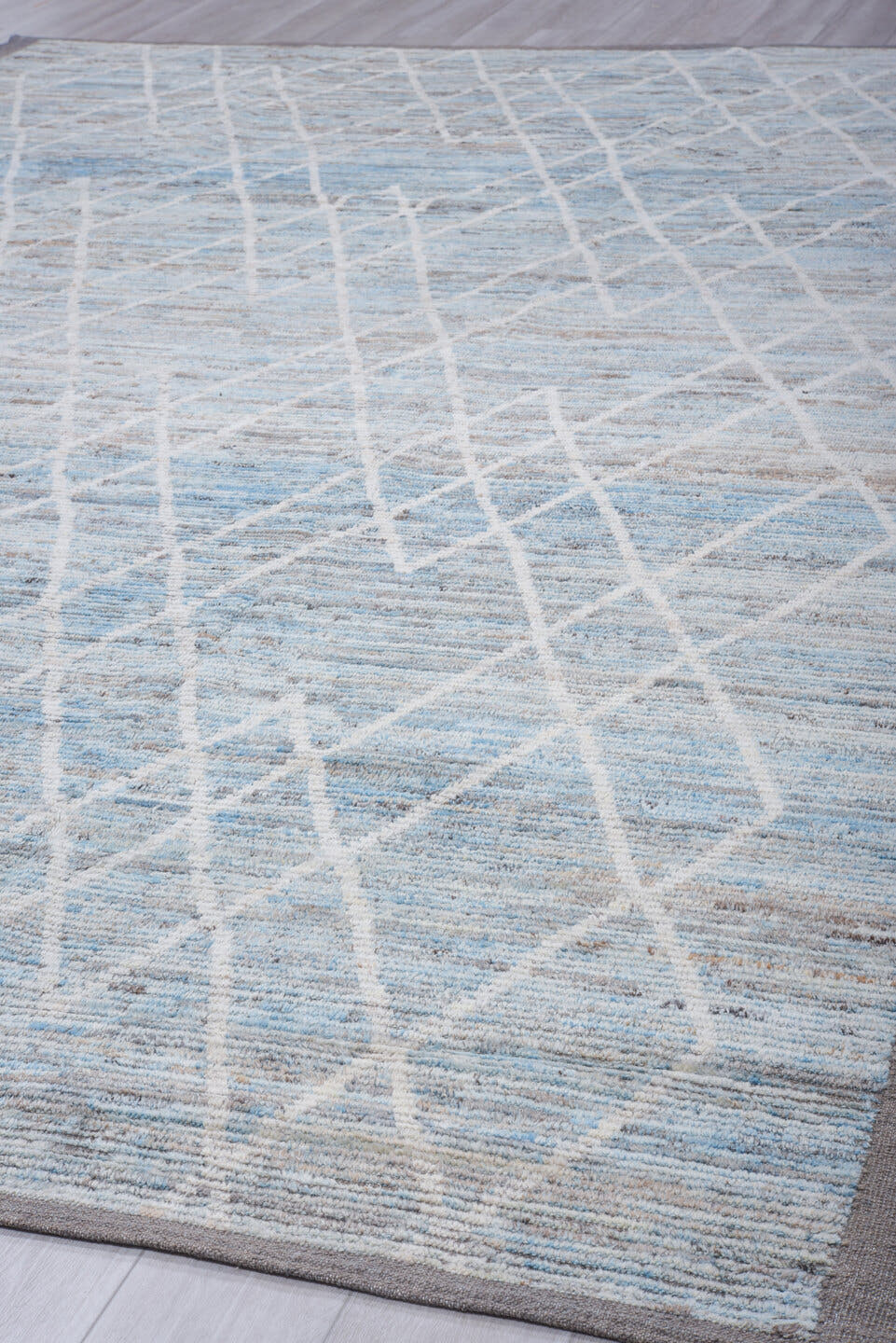 10' x 14' one-of-a-kind handmade vintage Tulu large size rug. Color palette: light blue, ivory, gray, taupe, beige