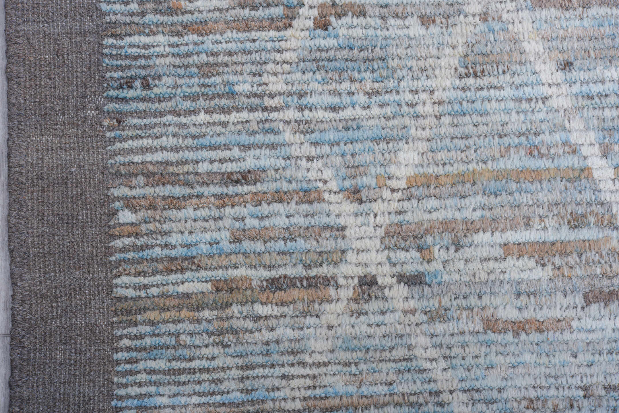 10' x 14' one-of-a-kind handmade vintage Tulu large size rug. Color palette: light blue, ivory, gray, taupe, beige