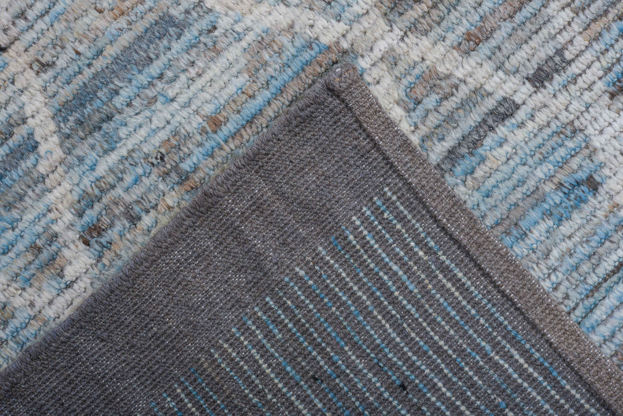10' x 14' one-of-a-kind handmade vintage Tulu large size rug. Color palette: light blue, ivory, gray, taupe, beige