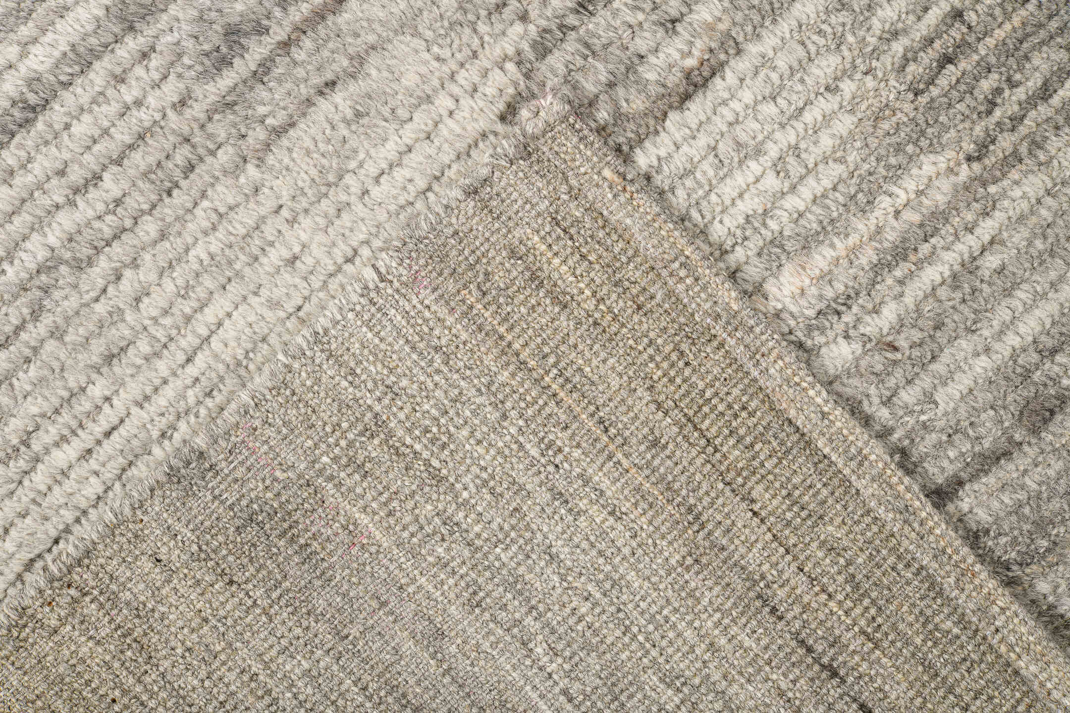 9' x 12' one-of-a-kind handmade vintage Tulu large size rug. Color palette: black, gray, light gray, off-white, pink