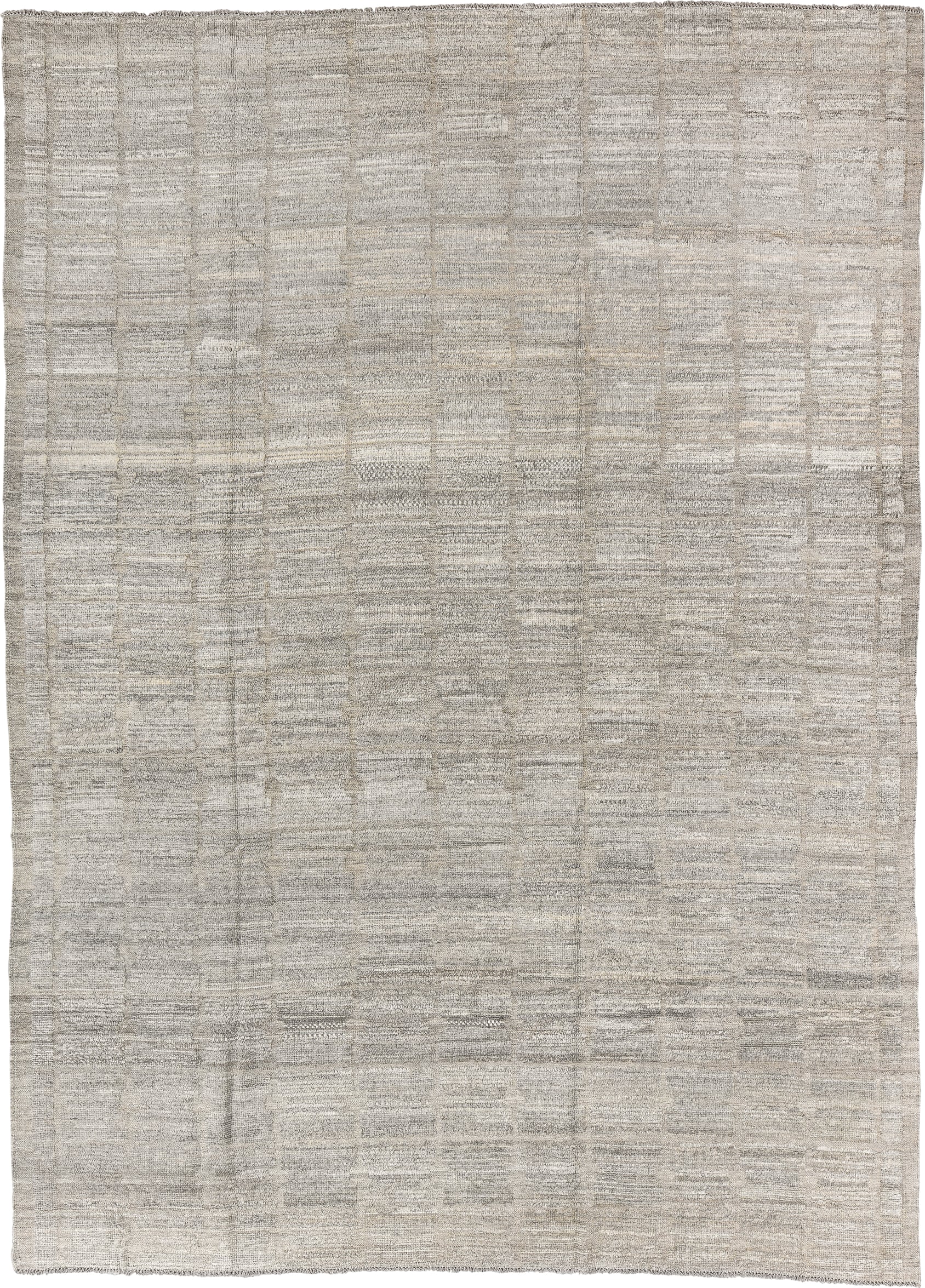 9' x 12' one-of-a-kind handmade vintage Tulu large size rug. Color palette: ivory, taupe, light gray, greige, stone, beige
