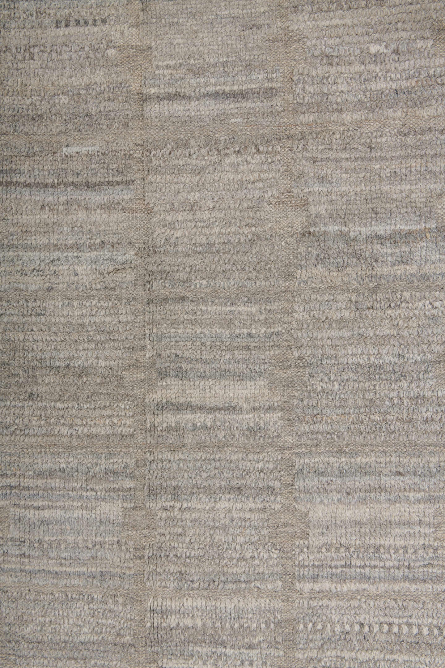 9' x 12' one-of-a-kind handmade vintage Tulu large size rug. Color palette: ivory, taupe, light gray, greige, stone, beige