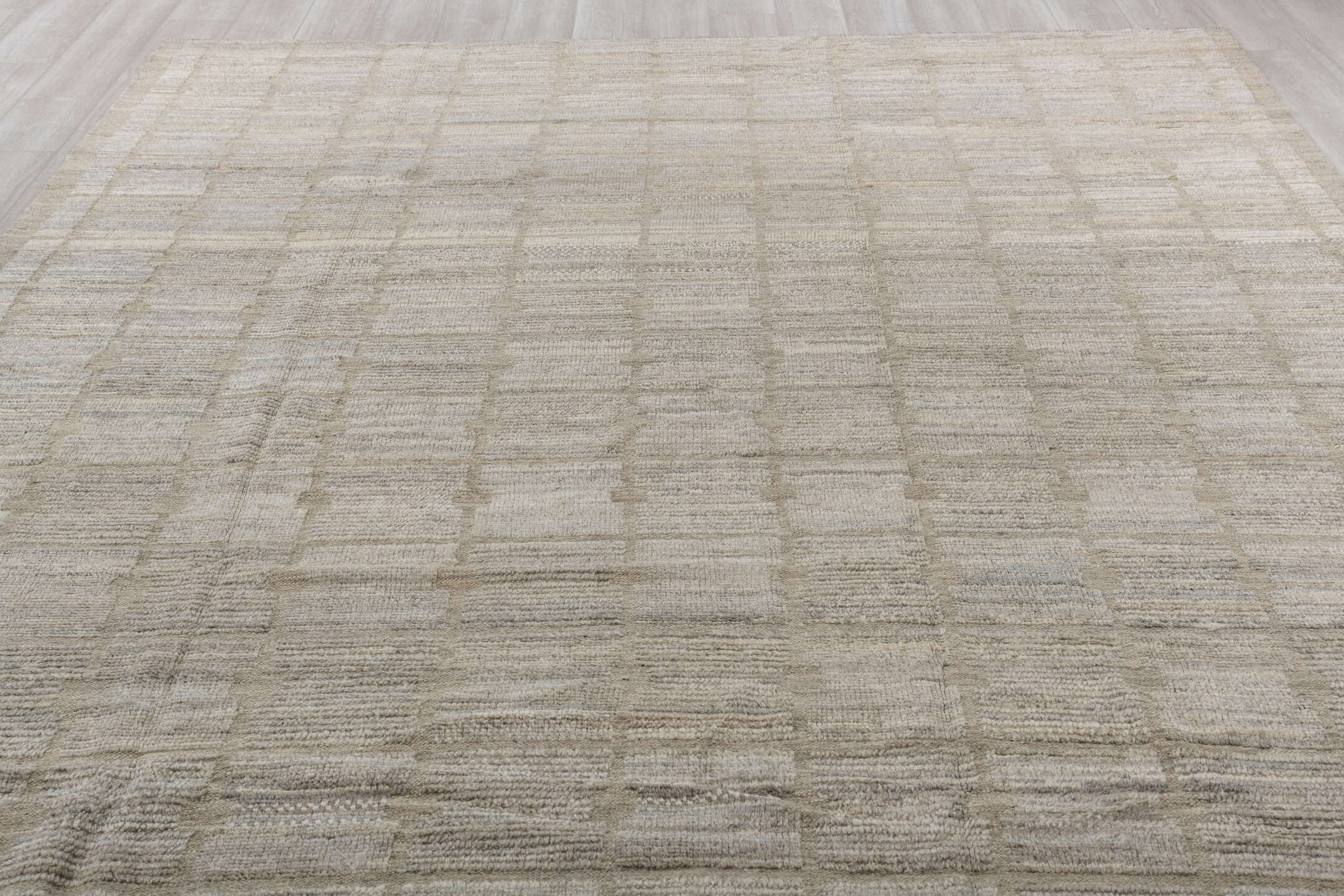 9' x 12' one-of-a-kind handmade vintage Tulu large size rug. Color palette: ivory, taupe, light gray, greige, stone, beige