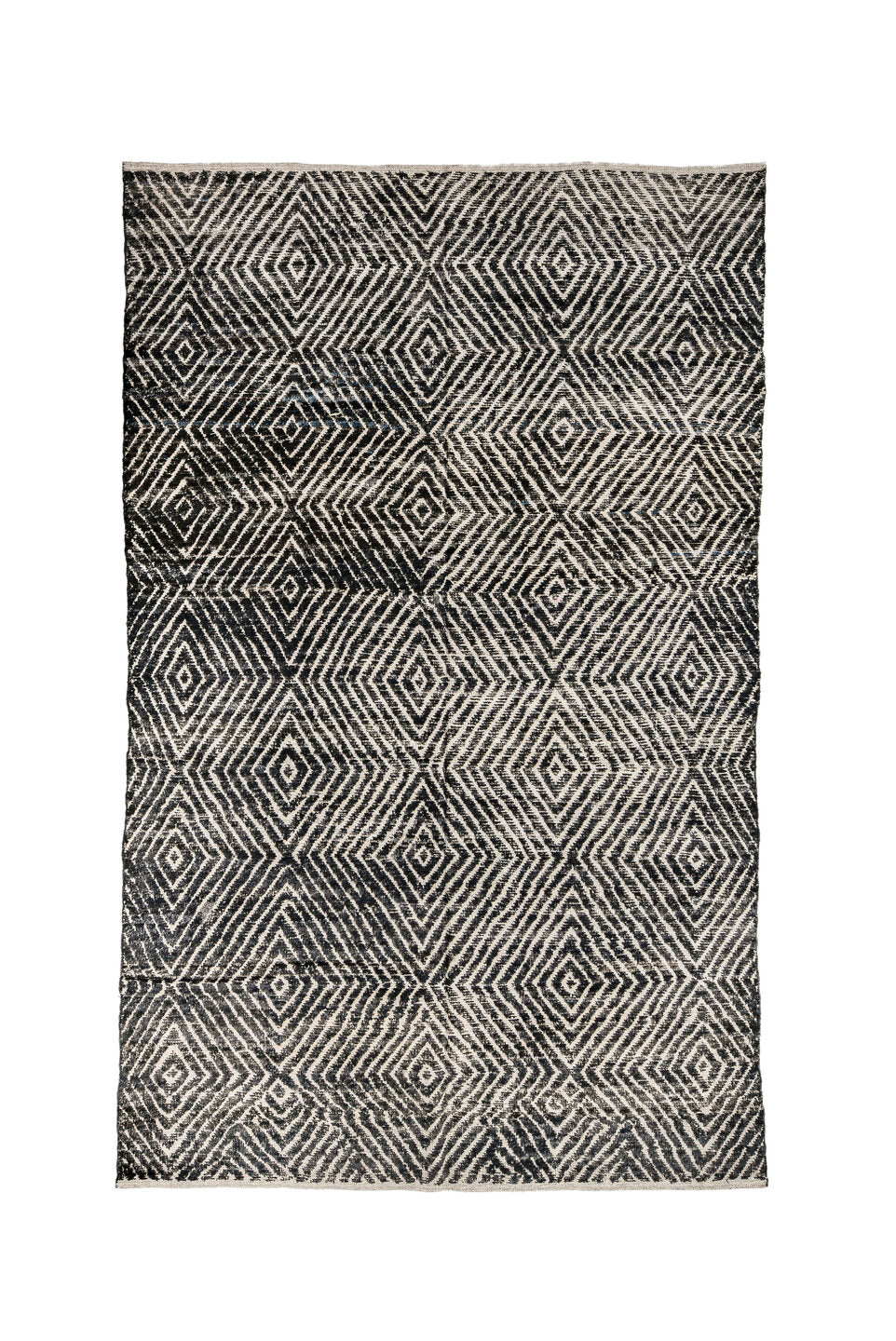 5' x 9' one-of-a-kind handmade vintage Tulu medium size rug. Color palette: black, blue, charcoal, dark gray, dim gray, gray