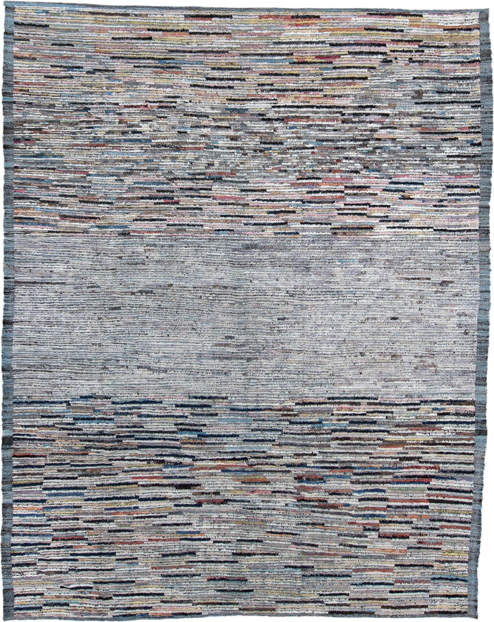 7' x 9' one-of-a-kind handmade vintage Tulu rug. Color palette: gray, ivory, slate, charcoal, taupe, blush, rust, blue