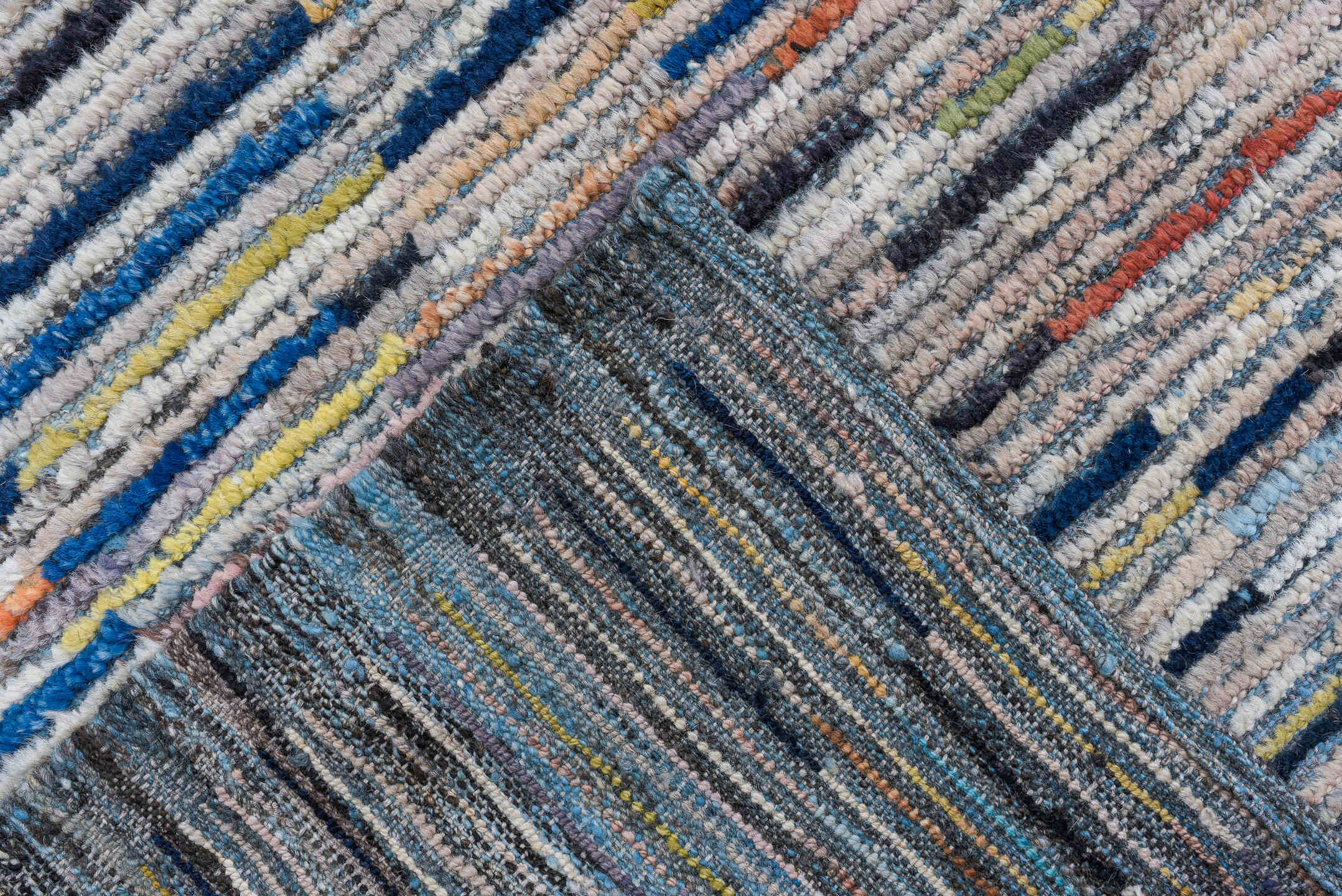 7' x 9' one-of-a-kind handmade vintage Tulu rug. Color palette: gray, ivory, slate, charcoal, taupe, blush, rust, blue