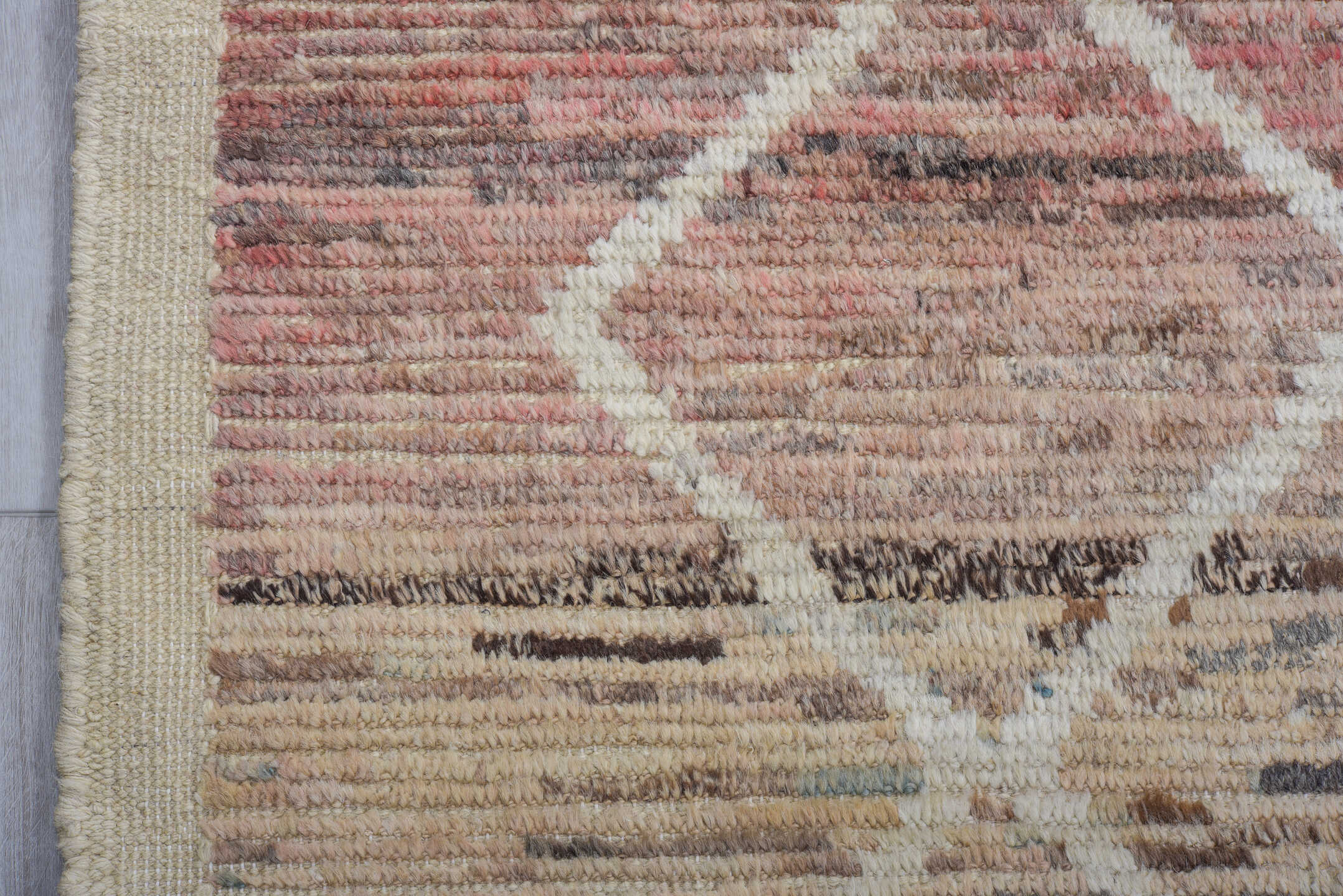 10' x 13' one-of-a-kind handmade vintage Tulu large size rug. Color palette: rose, ivory, taupe, blush, beige, brown, pink
